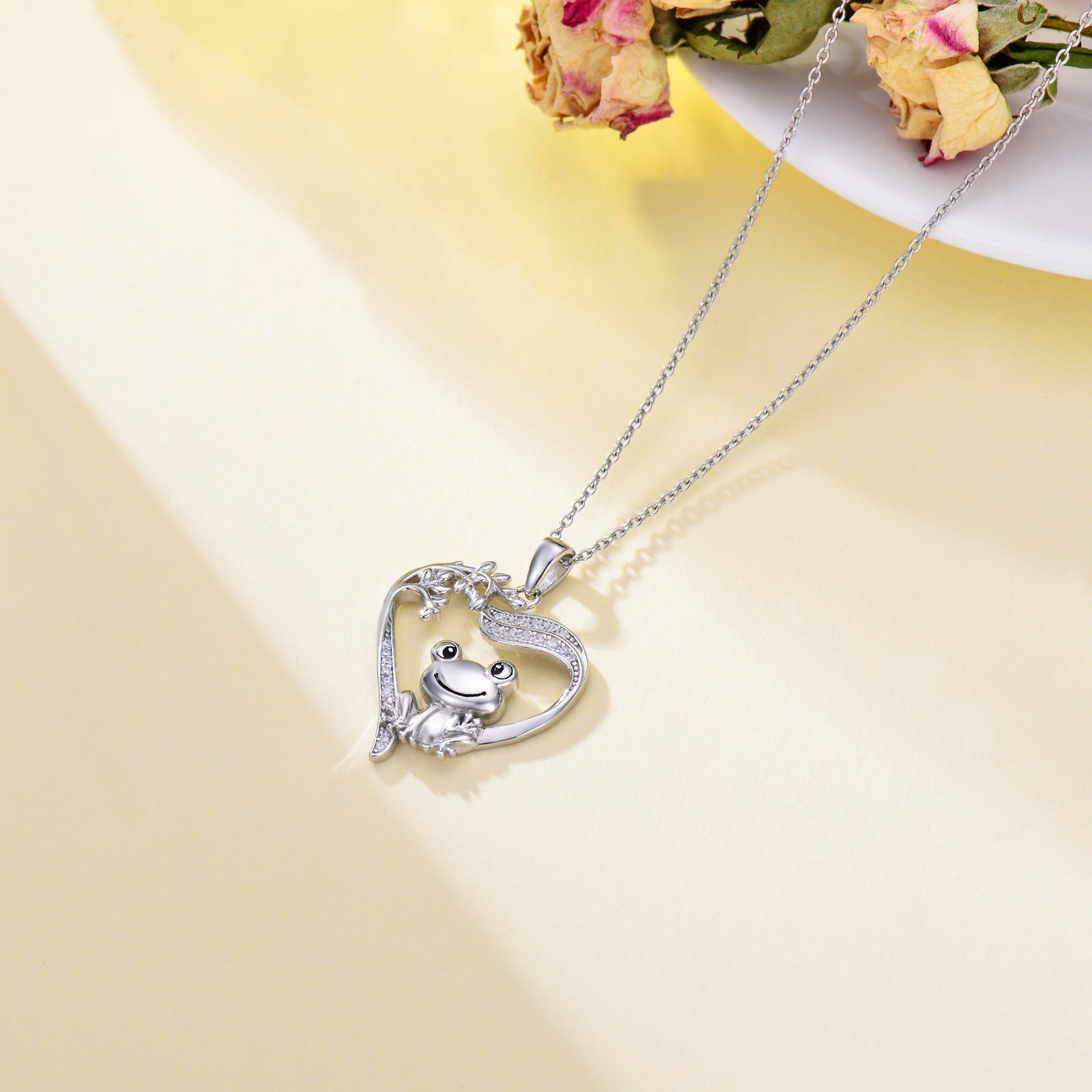 Sterling Silver Cubic Zirconia Frog & Tree Of Life & Heart Pendant Necklace