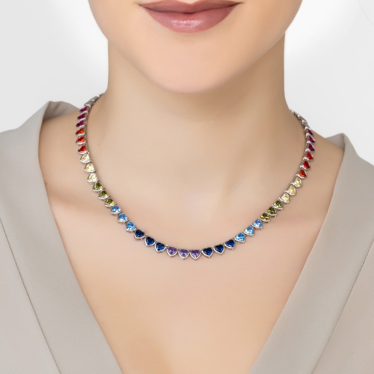 Heart Garland Rainbow Gemstone Necklace Silver