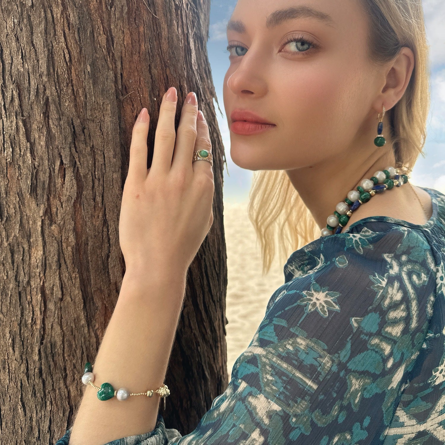 Heart Green Malachite With Gray Freshwater Pearls Bracelet