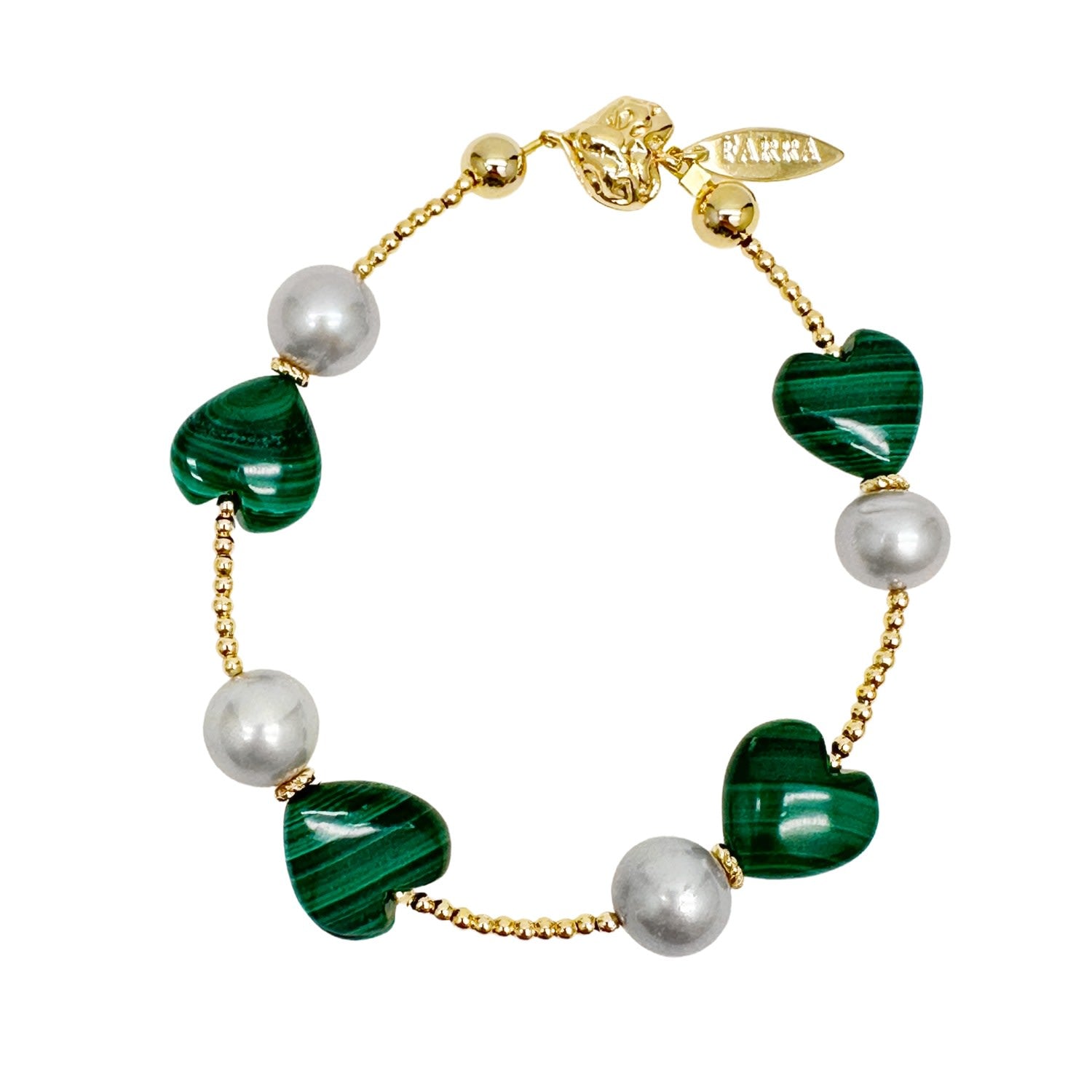 Heart Green Malachite With Gray Freshwater Pearls Bracelet