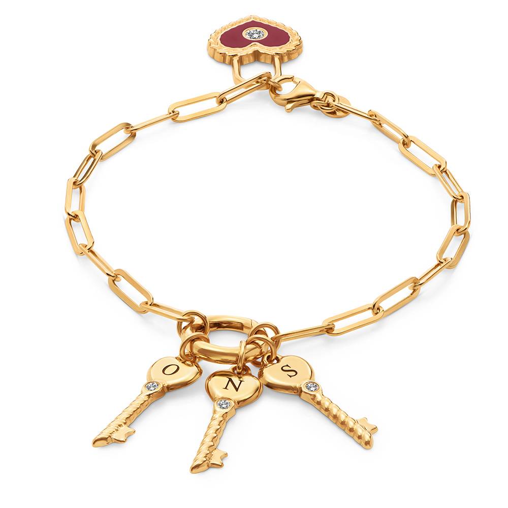 Heart Lock & Key Initial Diamond Bracelet in Gold