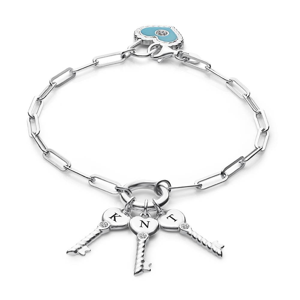 Heart Lock & Key Initial Diamond Bracelet in Silver
