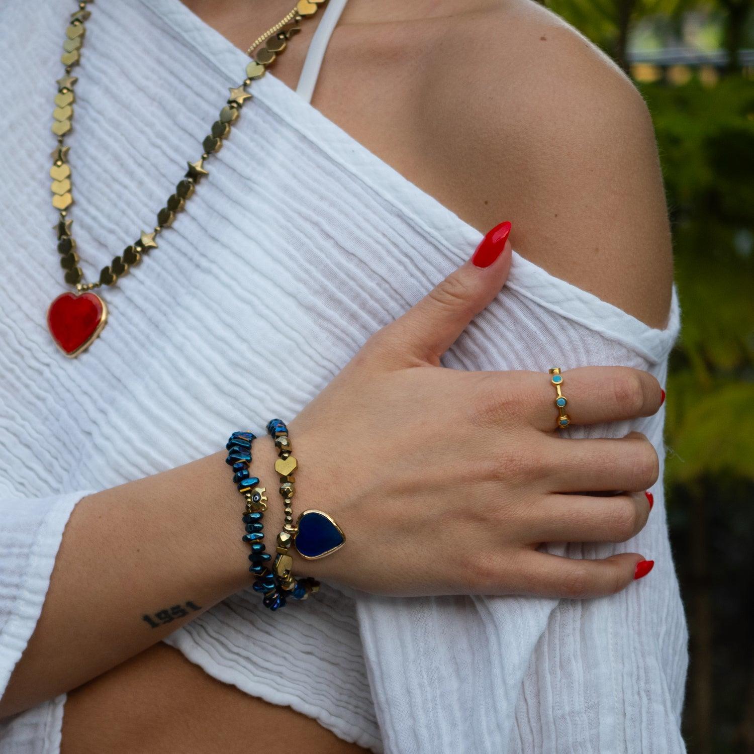 Heart & Luck Blue Murano & Elephant Charm Bracelet Set - Blue