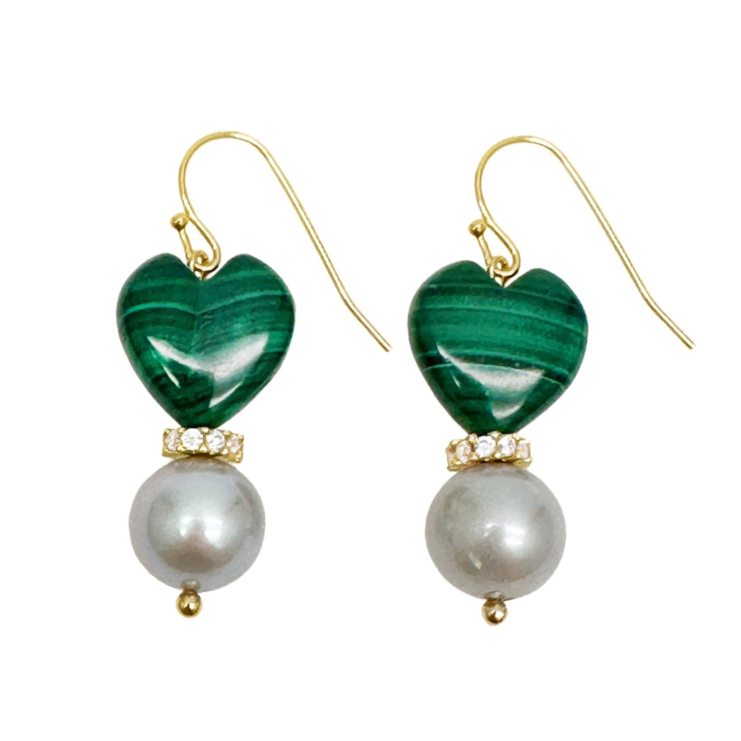 Heart Malachite With Gray Freshwater Pearls Dangle Earrings