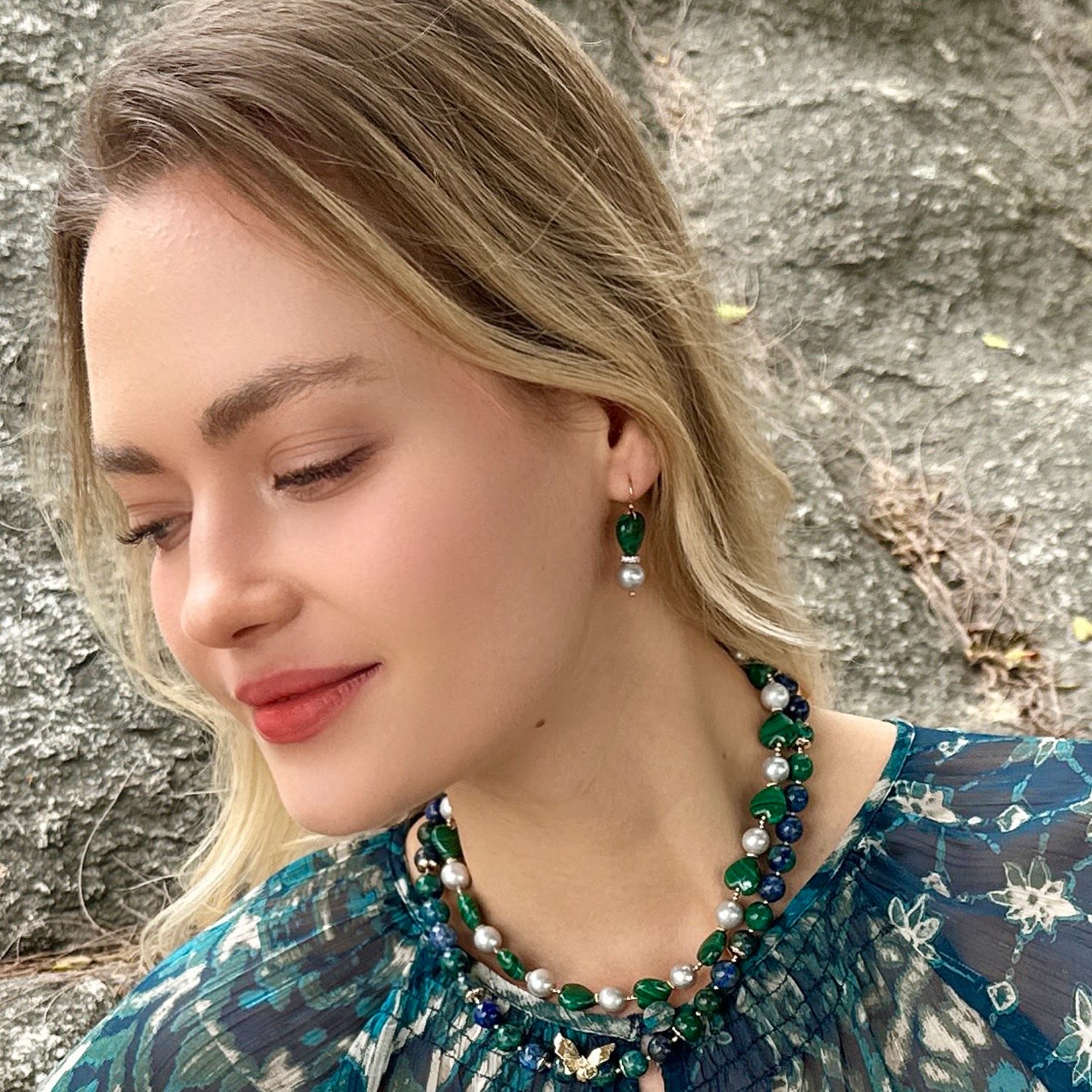 Heart Malachite With Gray Freshwater Pearls Dangle Earrings