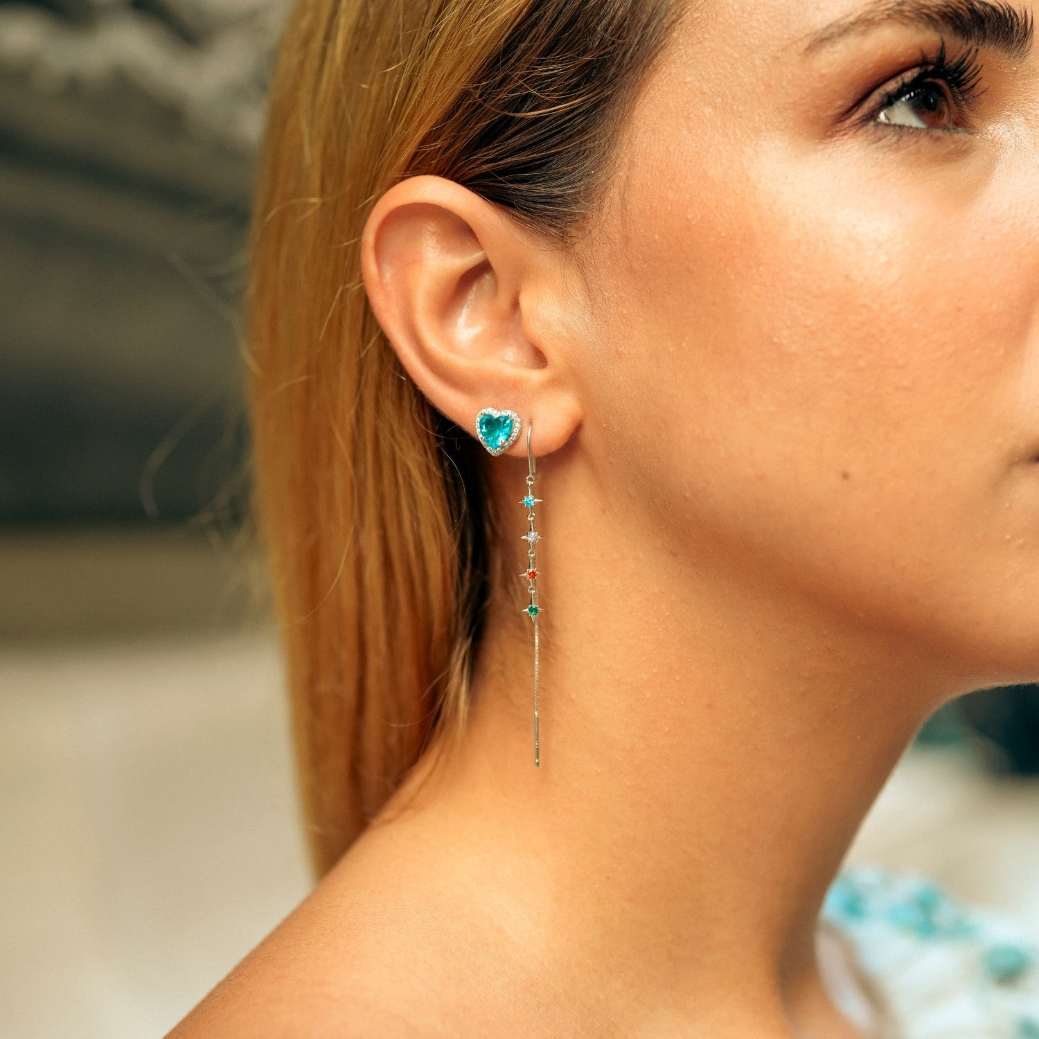 Multicolour Star Drop Sterling Silver Chain Threader Earrings & Heart Of Ocean Earrings- Pair