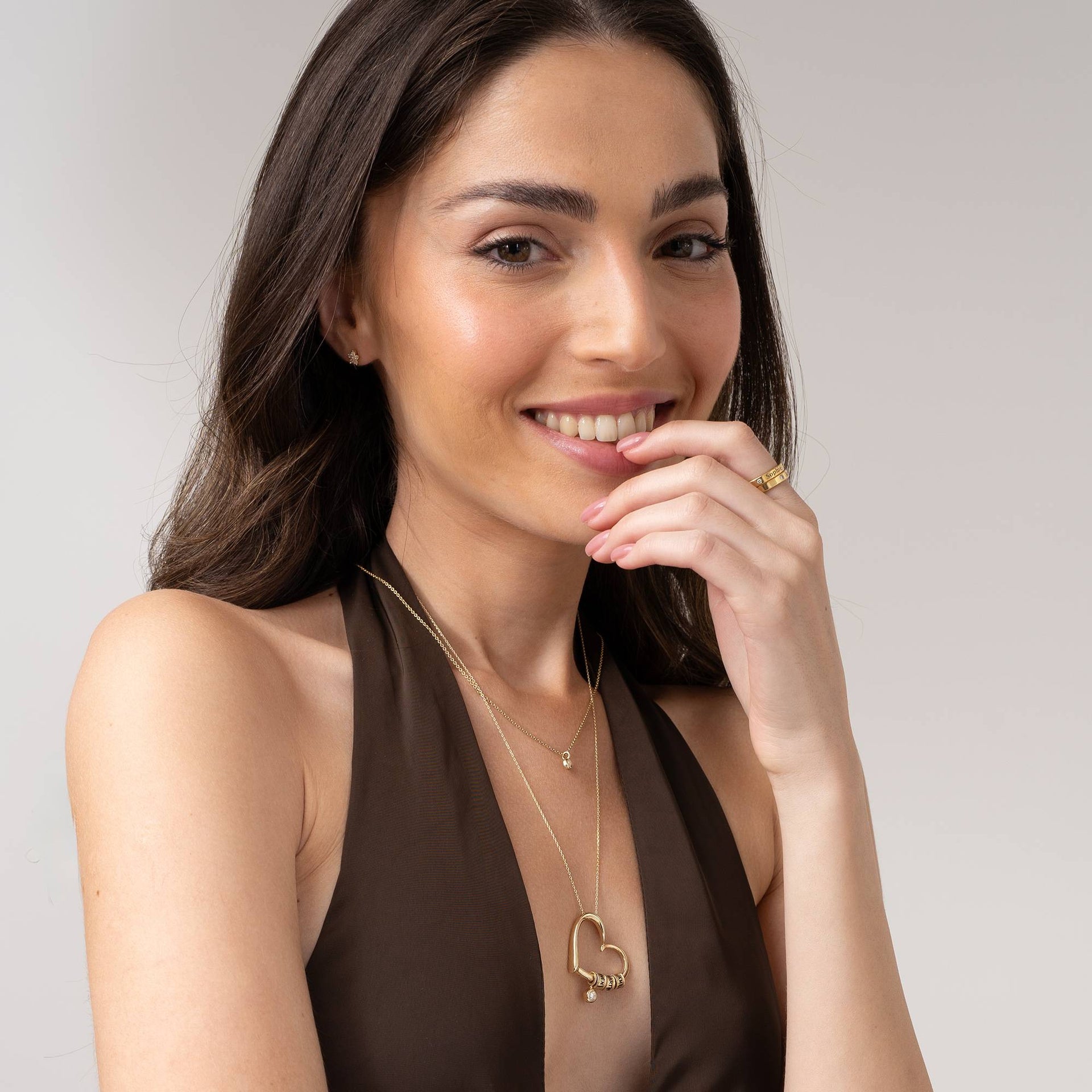Charming Heart Necklace with Engraved Beads in 10K Gold with 0.10 ct Diamond