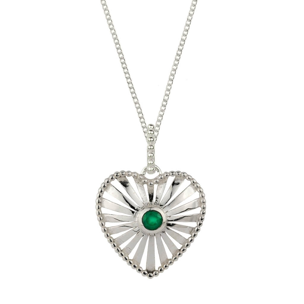 Heart Rays Silver Pendant Necklace - Green Onyx