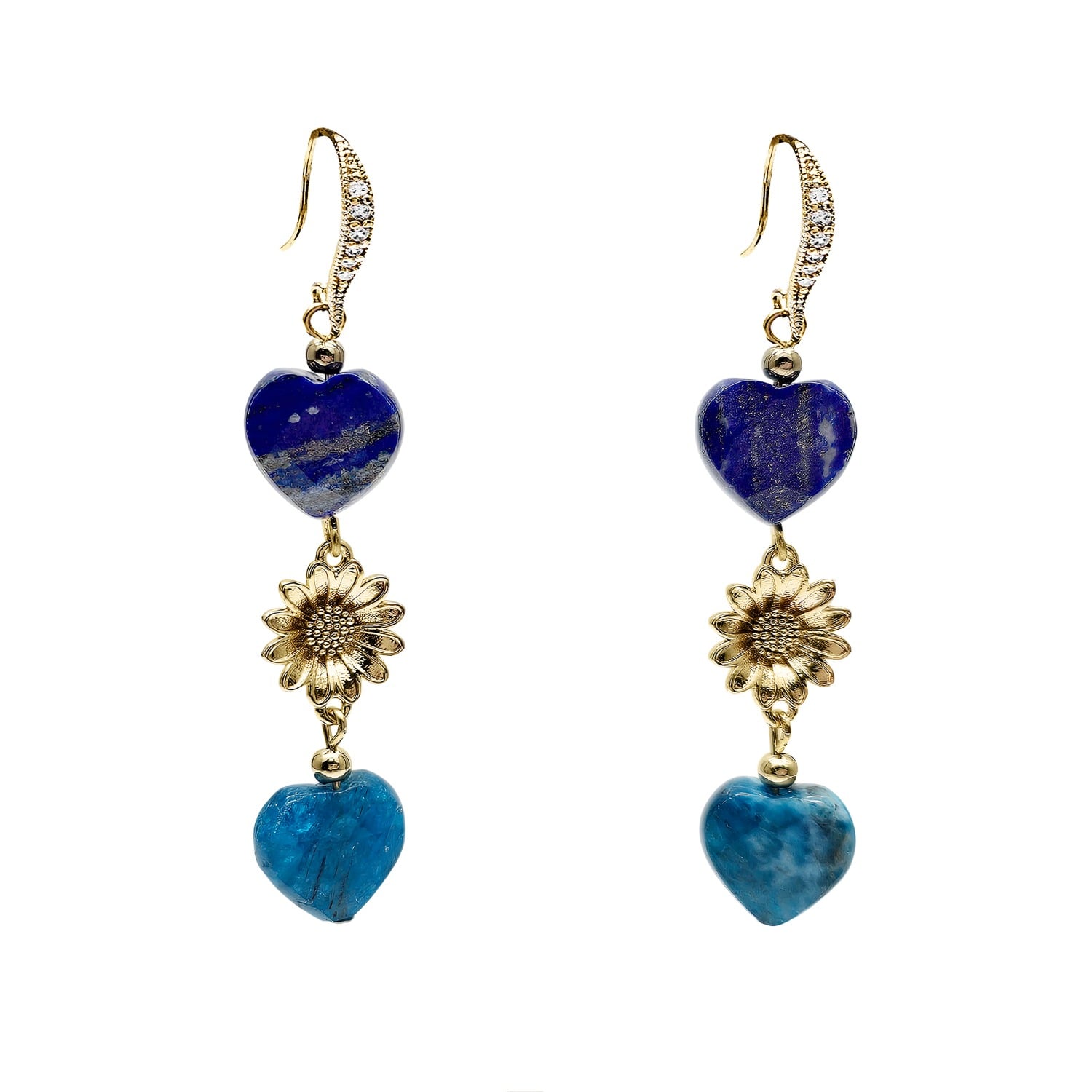 Heart-Shaped Lapis And Apatite Flower Dangle Earrings