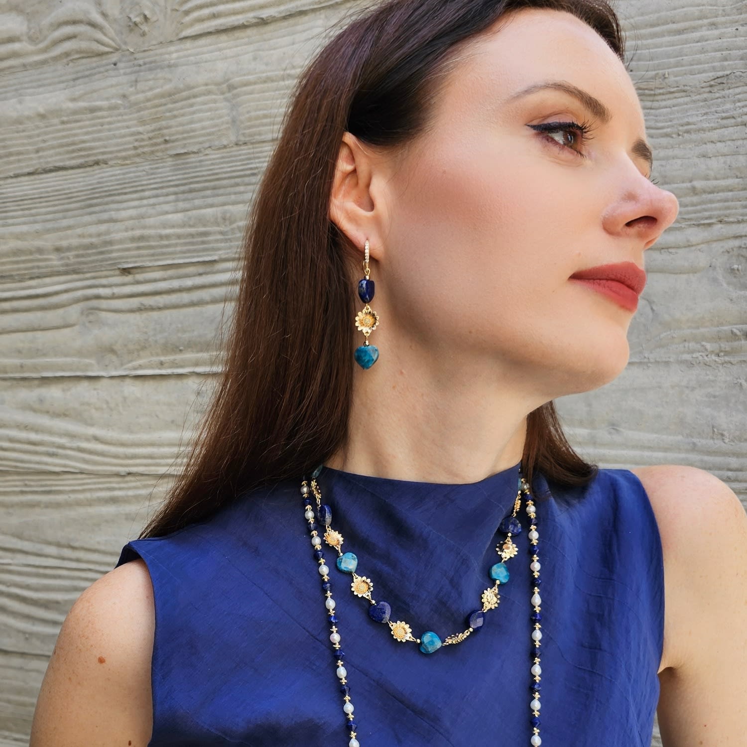 Heart-Shaped Lapis And Apatite Flower Dangle Earrings