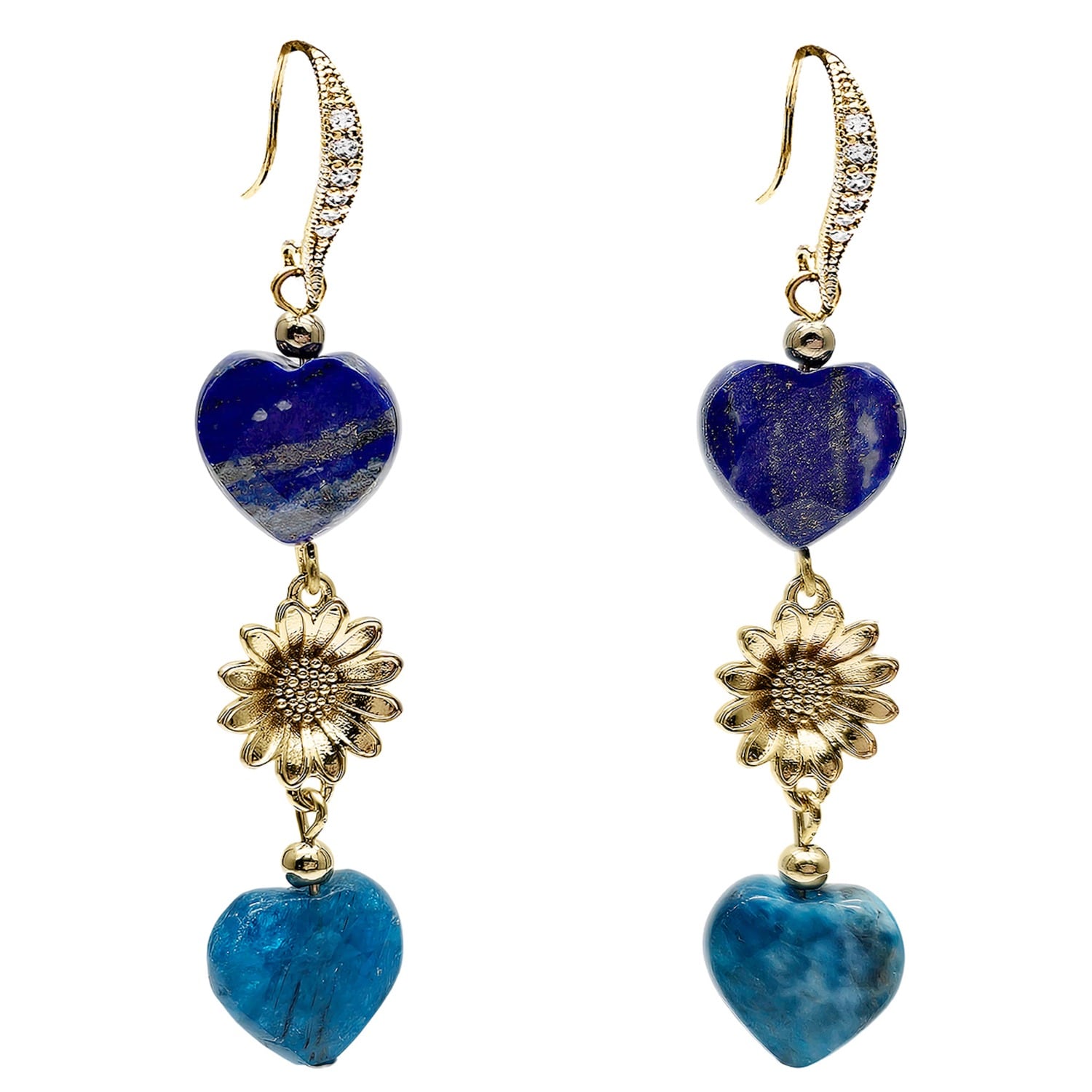 Heart-Shaped Lapis And Apatite Flower Earrings