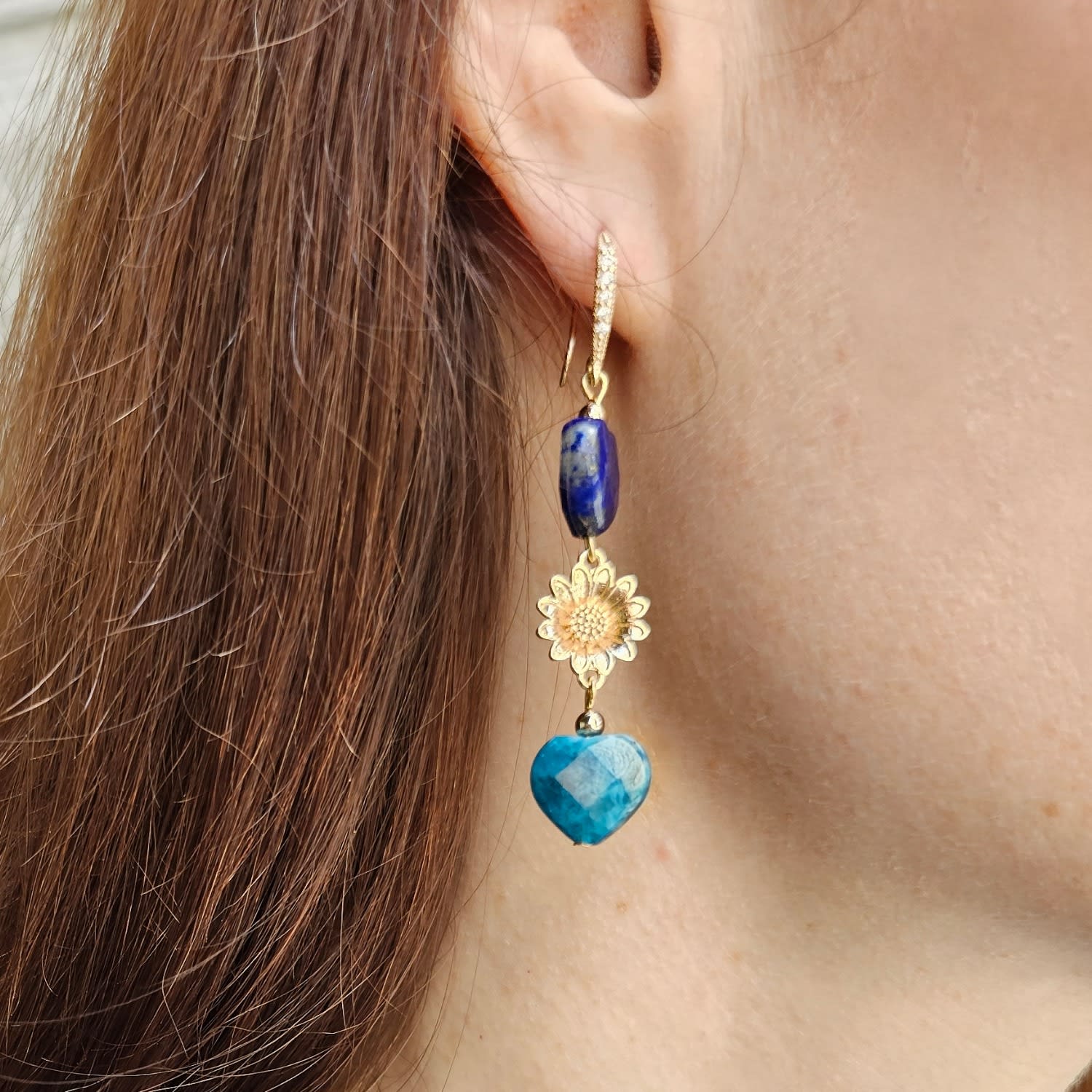Heart-Shaped Lapis And Apatite Flower Earrings