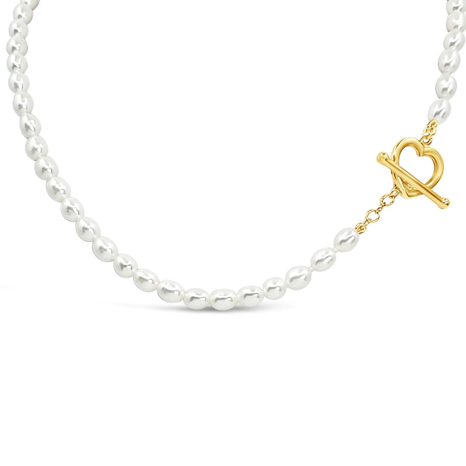 Heart Toggle Clasp With Freshwater Pearls Necklace - Gold
