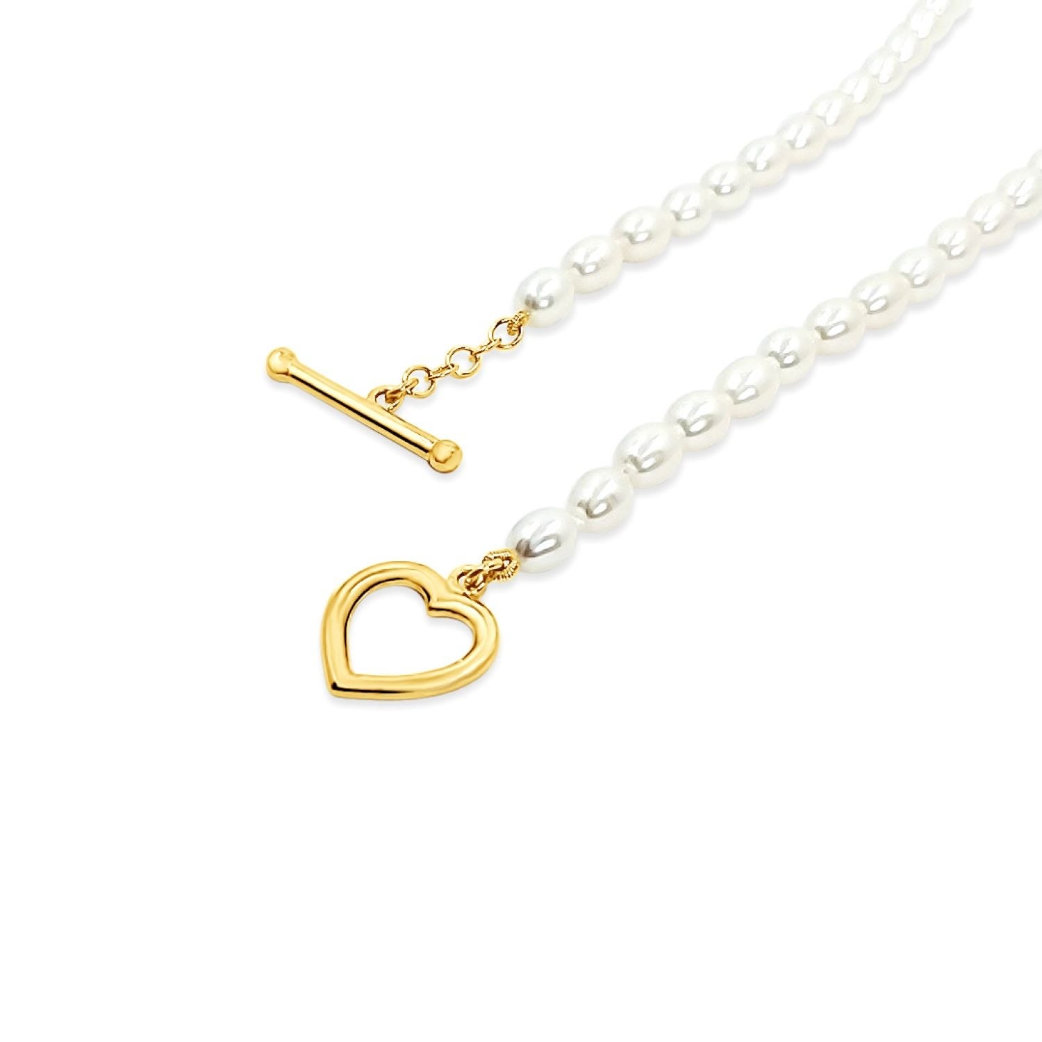 Heart Toggle Clasp With Freshwater Pearls Necklace - Gold