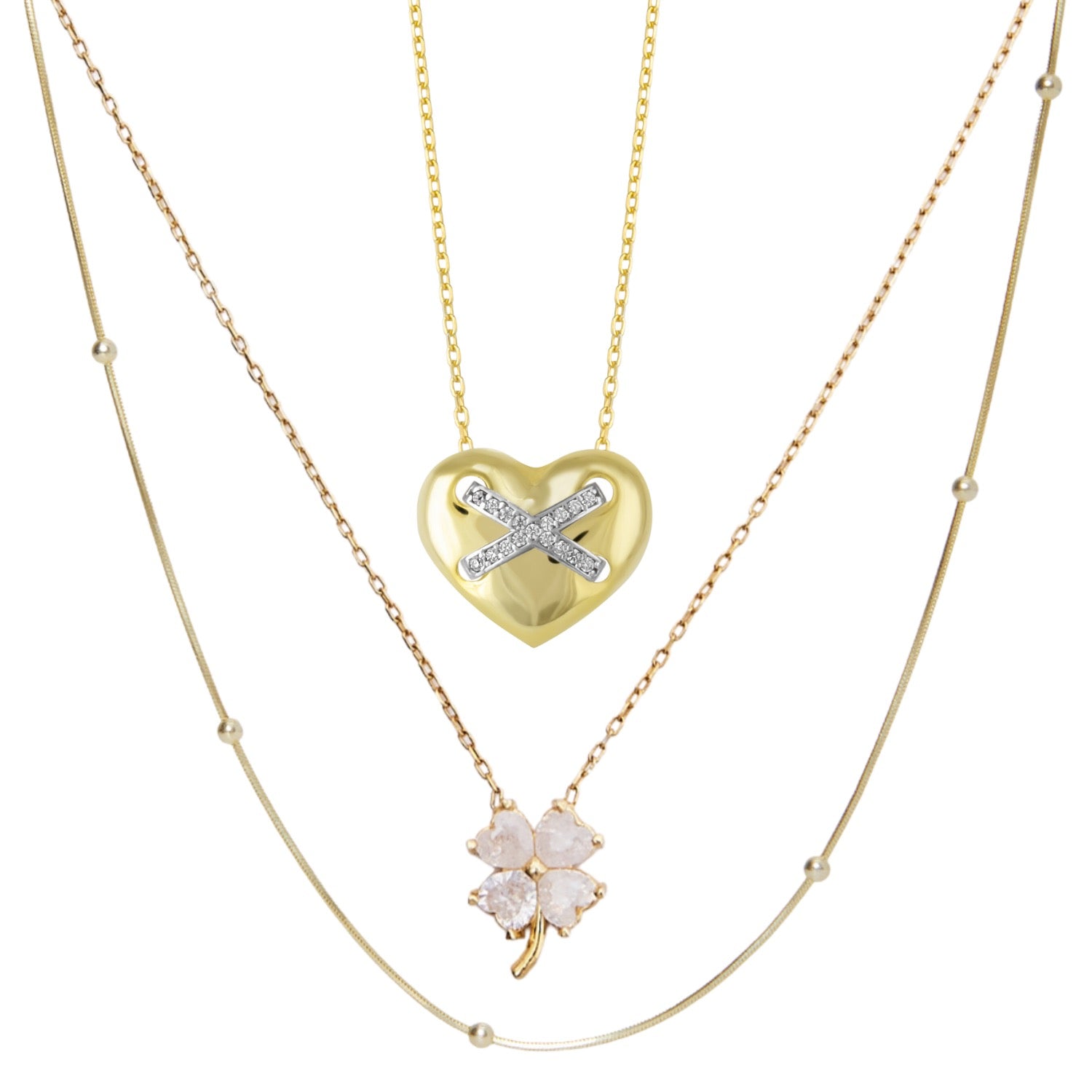 Heart X Italian Beaded White Clover Sterling Silver Stacking Necklace Layering Set Gold