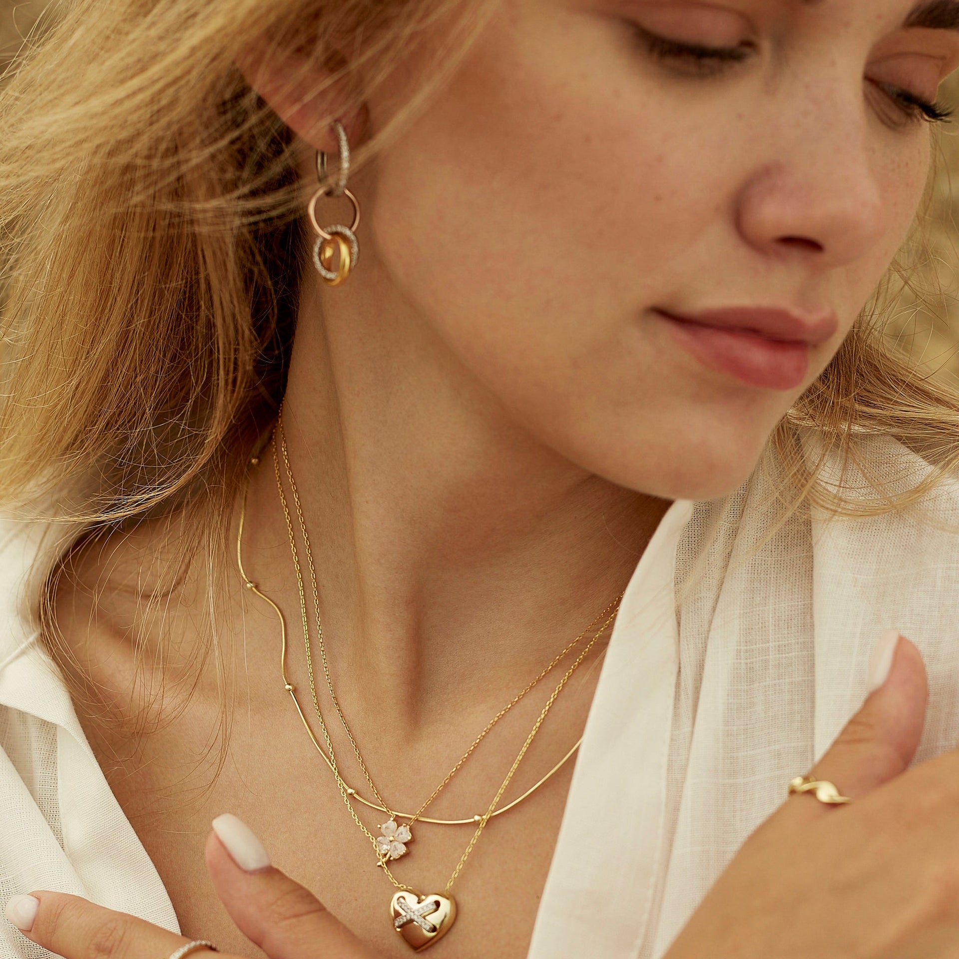 Heart X Italian Beaded White Clover Sterling Silver Stacking Necklace Layering Set Gold
