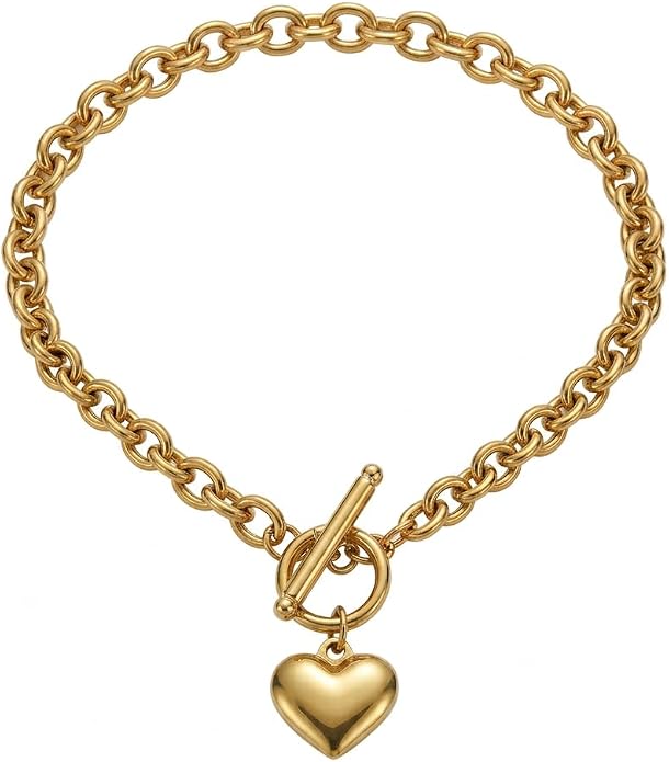 18K Gold Puffed Heart Drop Necklace