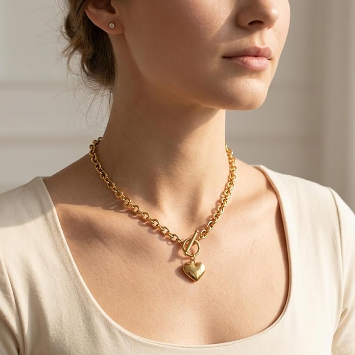 18K Gold Puffed Heart Drop Necklace