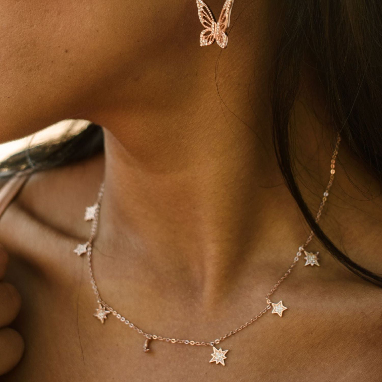 Heavenly Realms Moon & Stars Drop Choker Necklace, Gold Over Sterling Silver