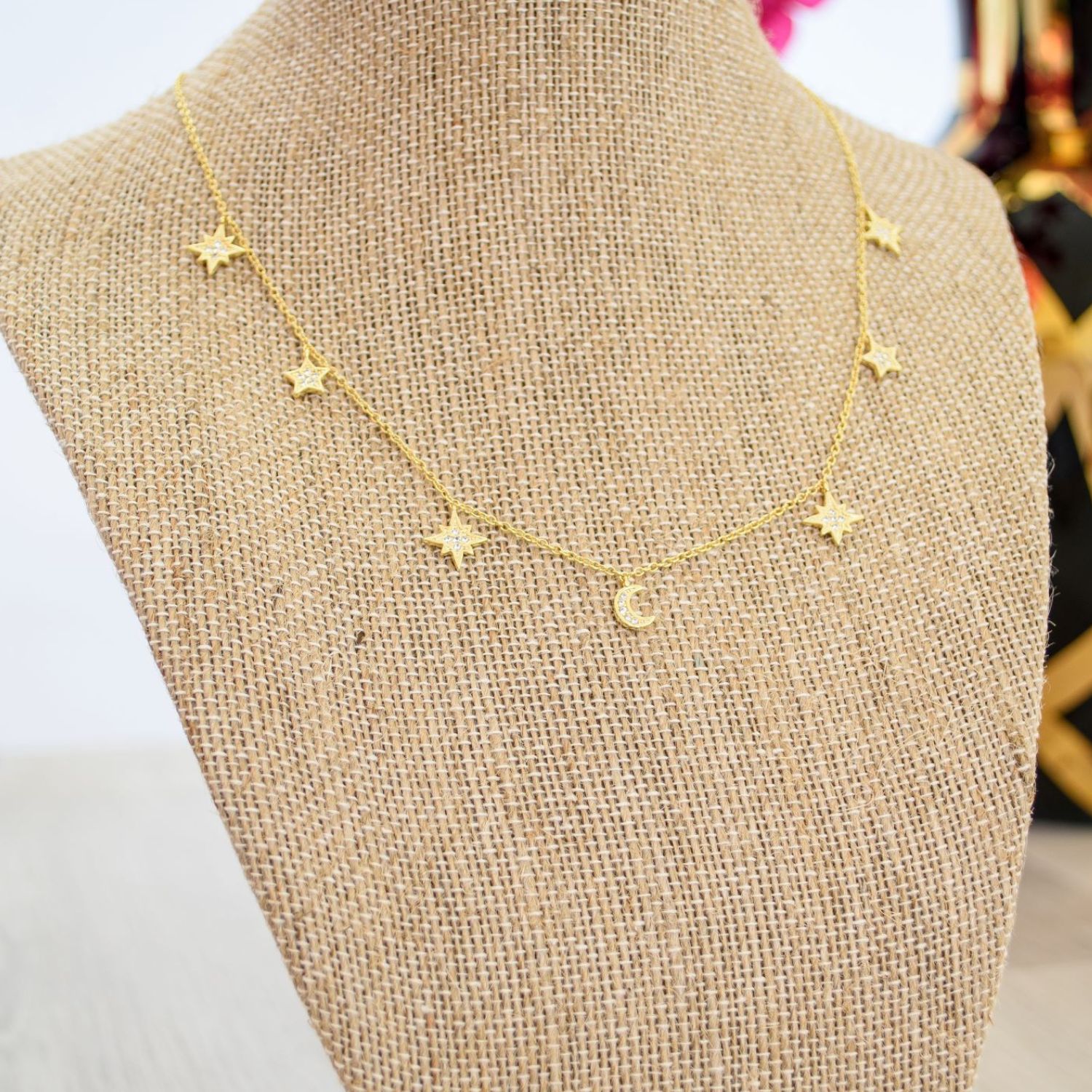 Heavenly Realms Moon & Stars Drop Choker Necklace, Rose Gold Over Sterling Silver