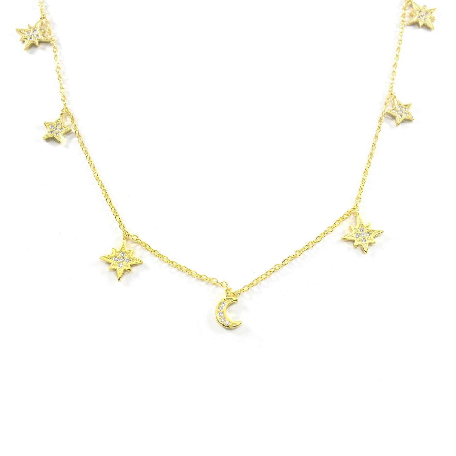Heavenly Realms Moon & Stars Drop Choker Necklace, Gold Over Sterling Silver