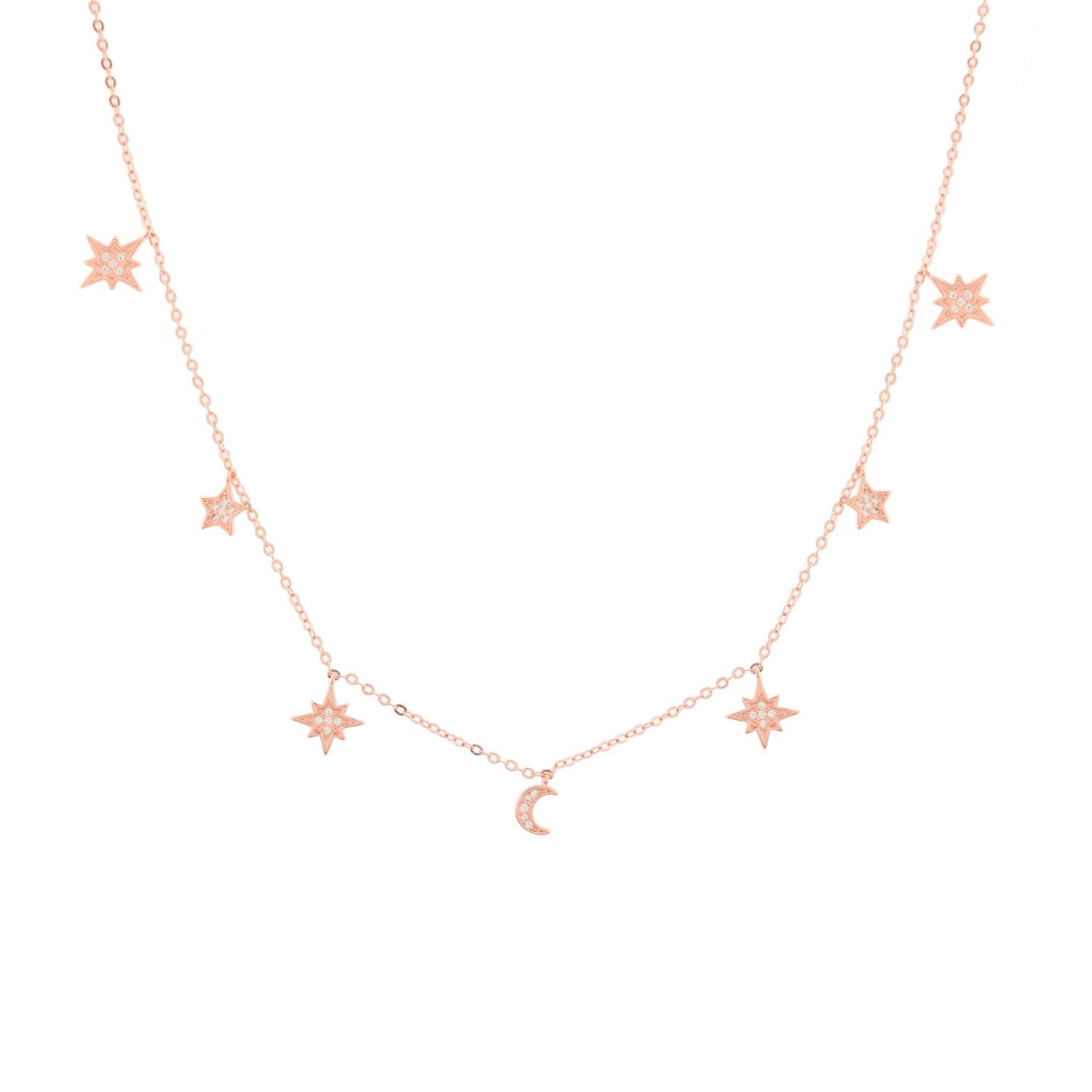 Heavenly Realms Moon & Stars Drop Choker Necklace, Rose Gold Over Sterling Silver