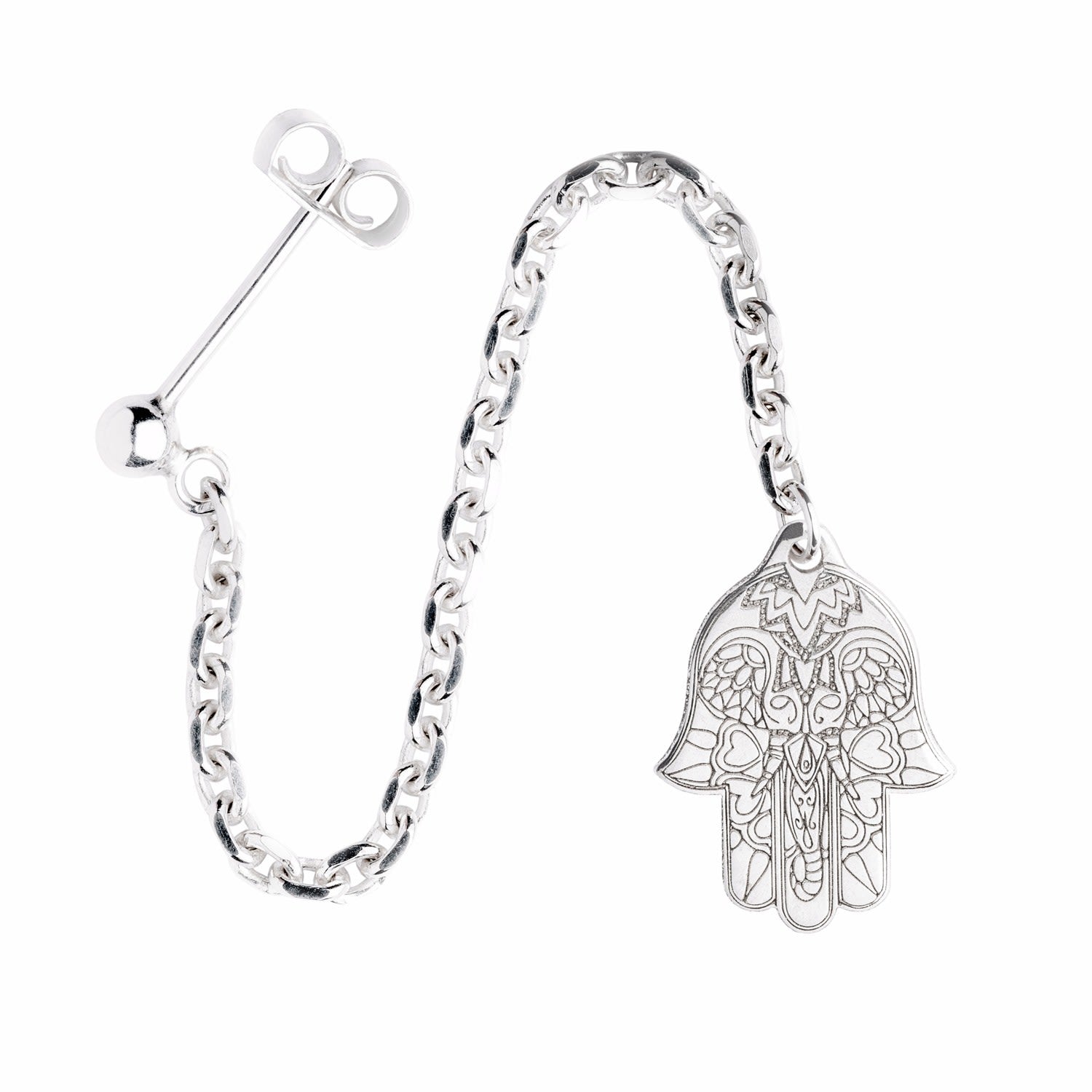 Silver Hamsa Hand Single Long Drop Earring