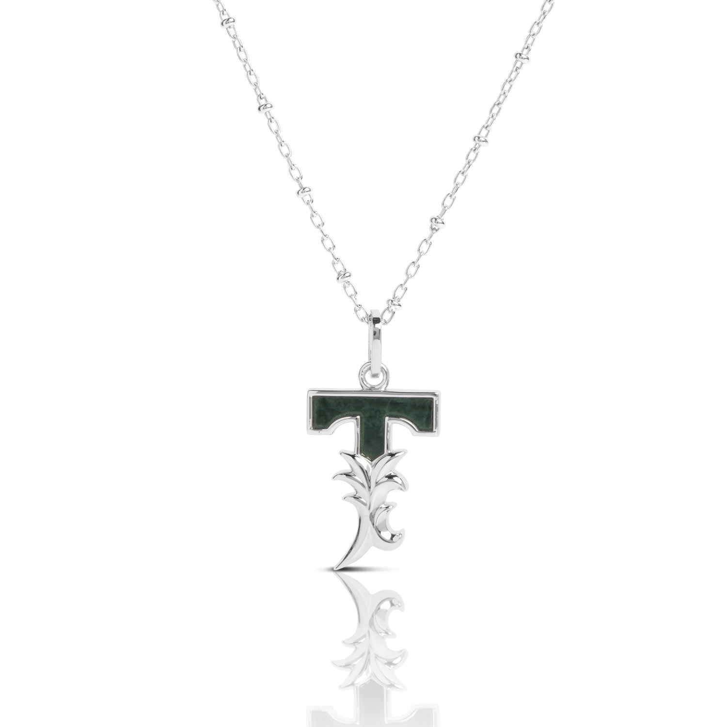 Solid Silver T Initial Necklace With Green Marble