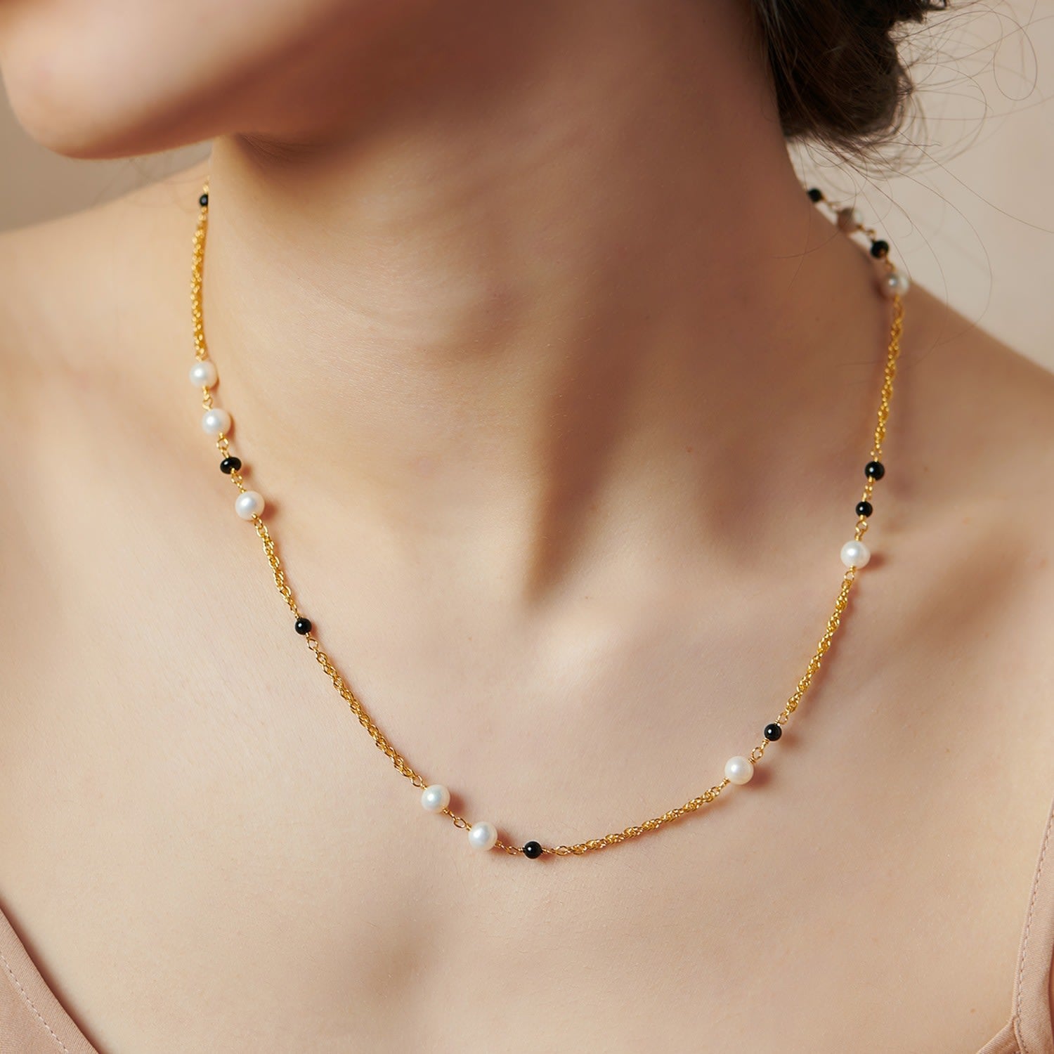 Heh Bead Freshwater Pearl Black Onyx Gold Vermeil Silver Chain Necklace