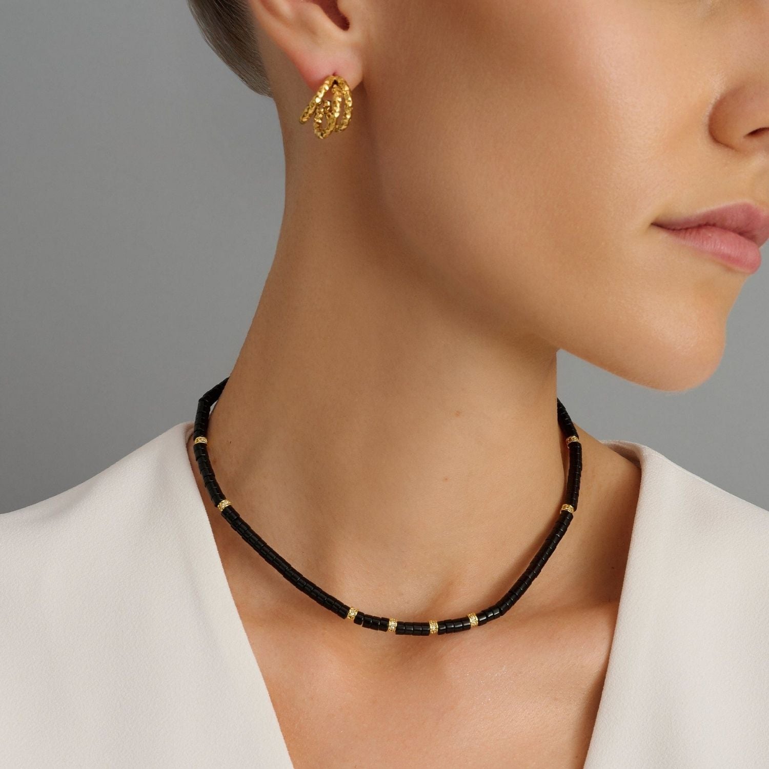 Heishi Black Onyx Choker With Gold