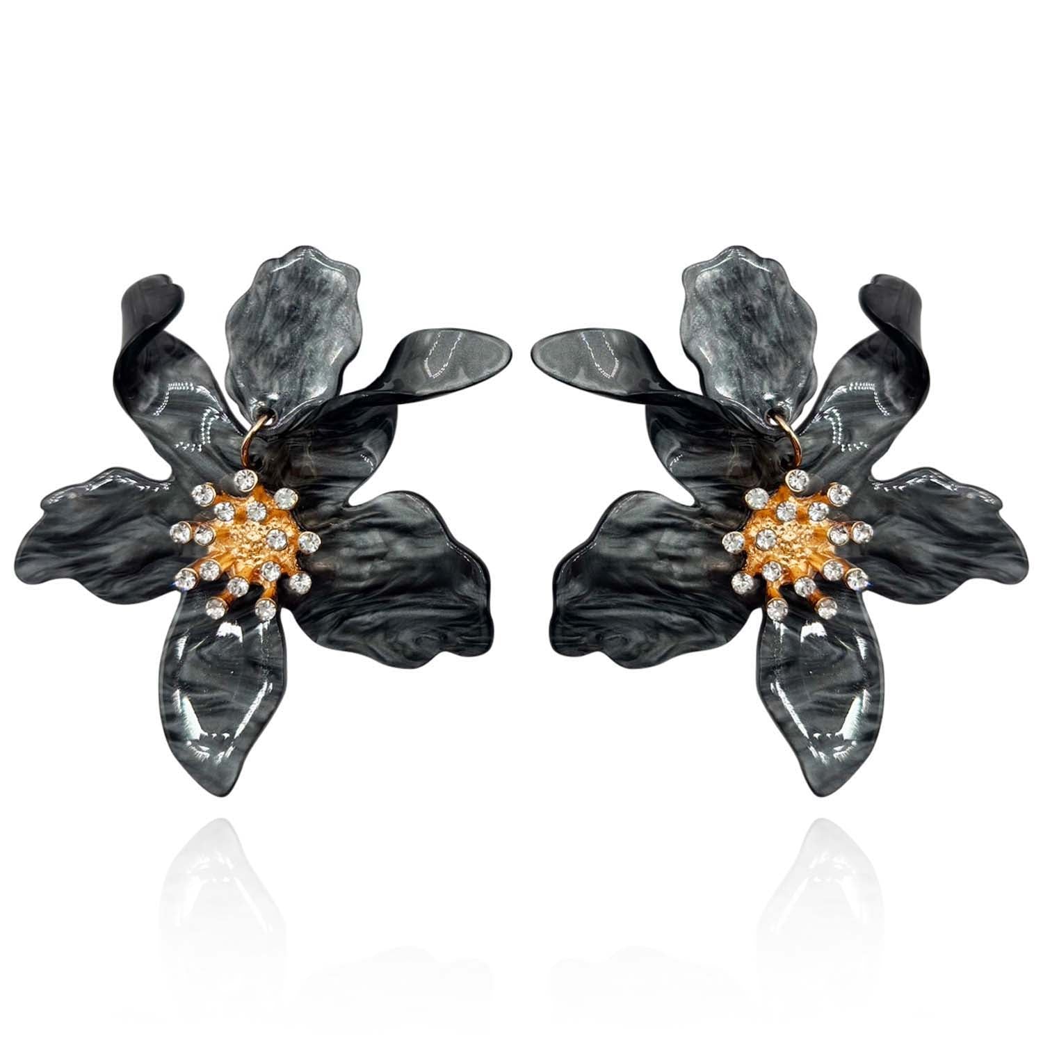 Hematite Colored Floral Resin Drop Earrings