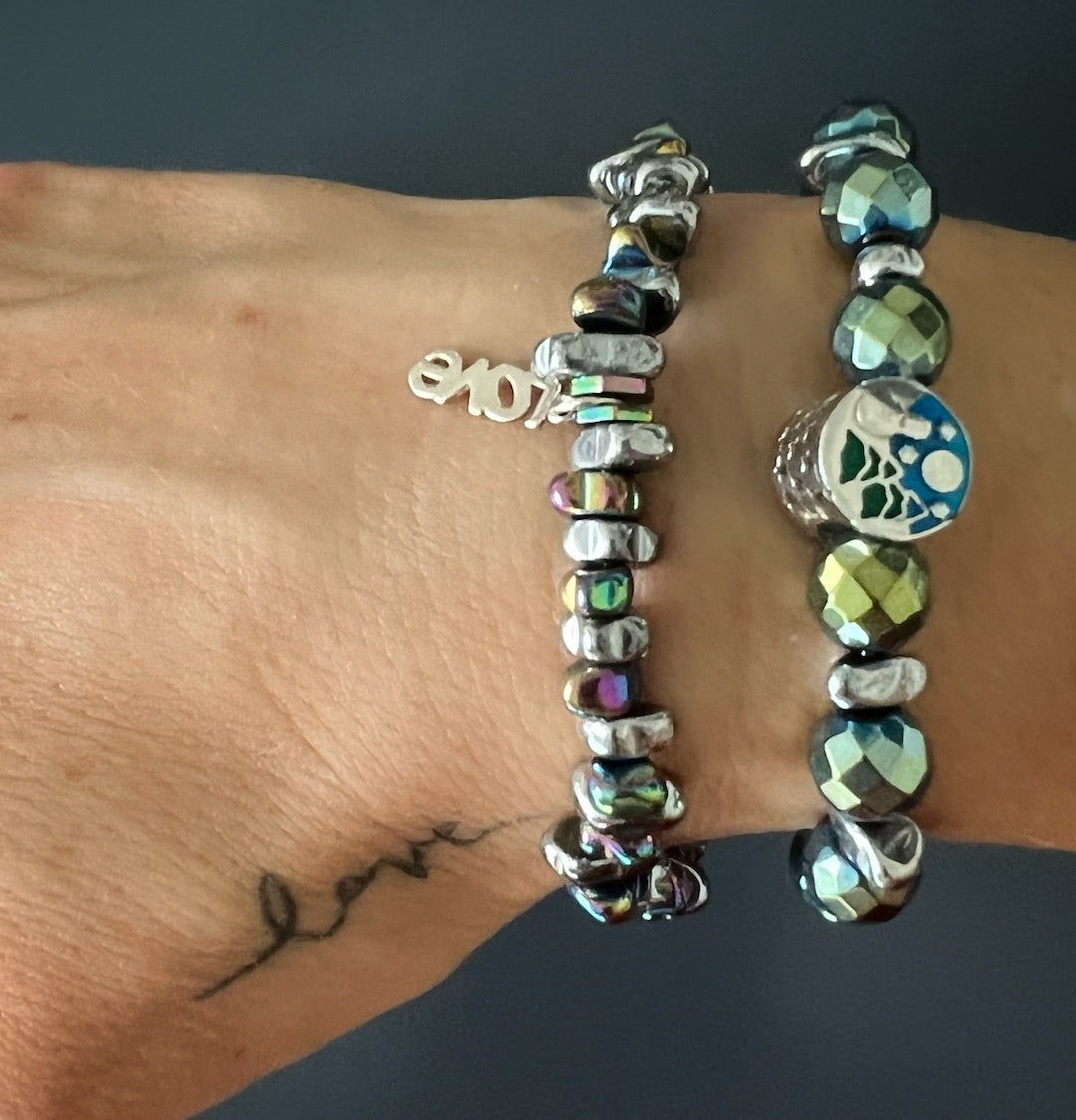 Love Charm Positive Energy Hematite Beaded Bracelet - Silver