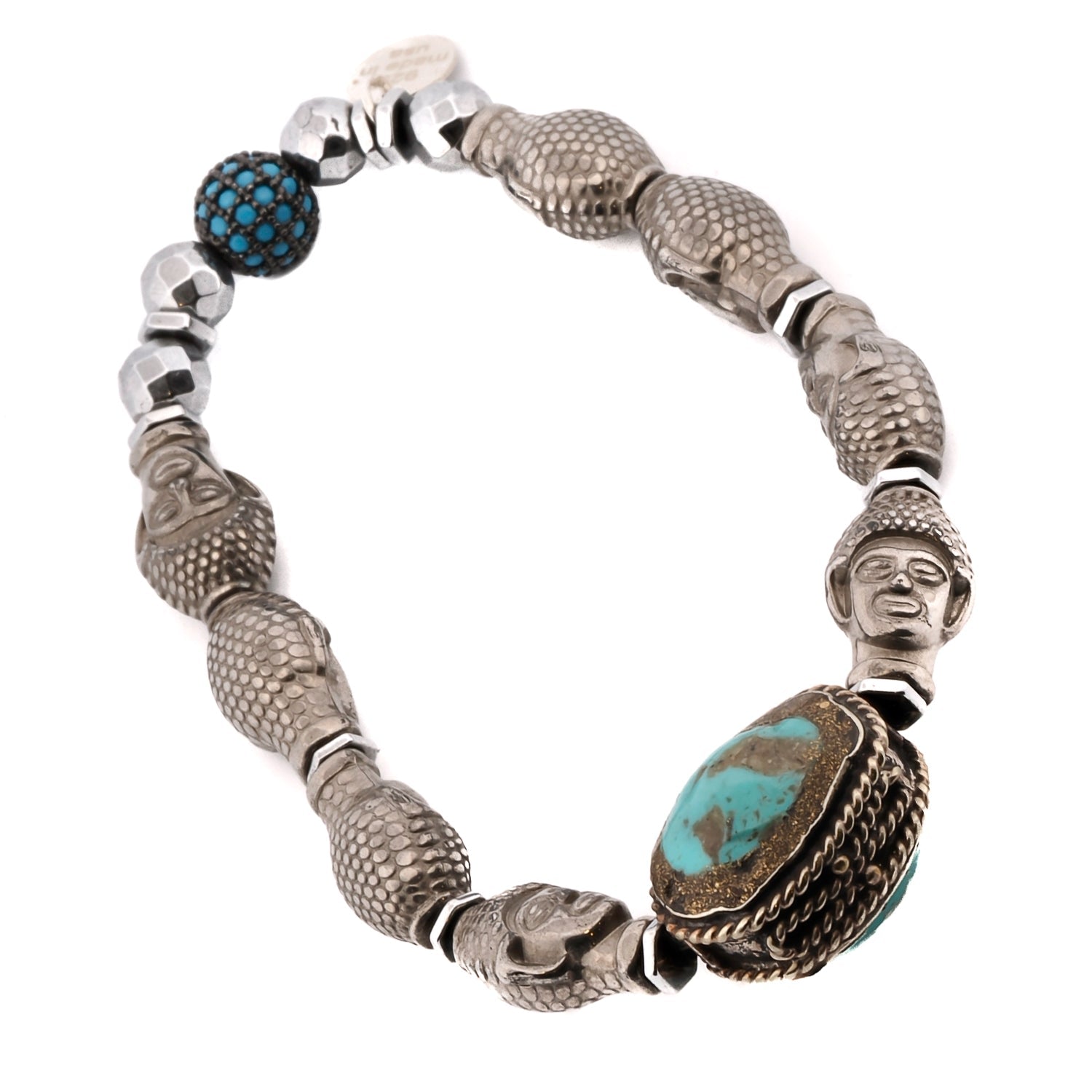 Hematite Stone Buddha Beads & Turquoise Mystic Silver Bracelet - Silver