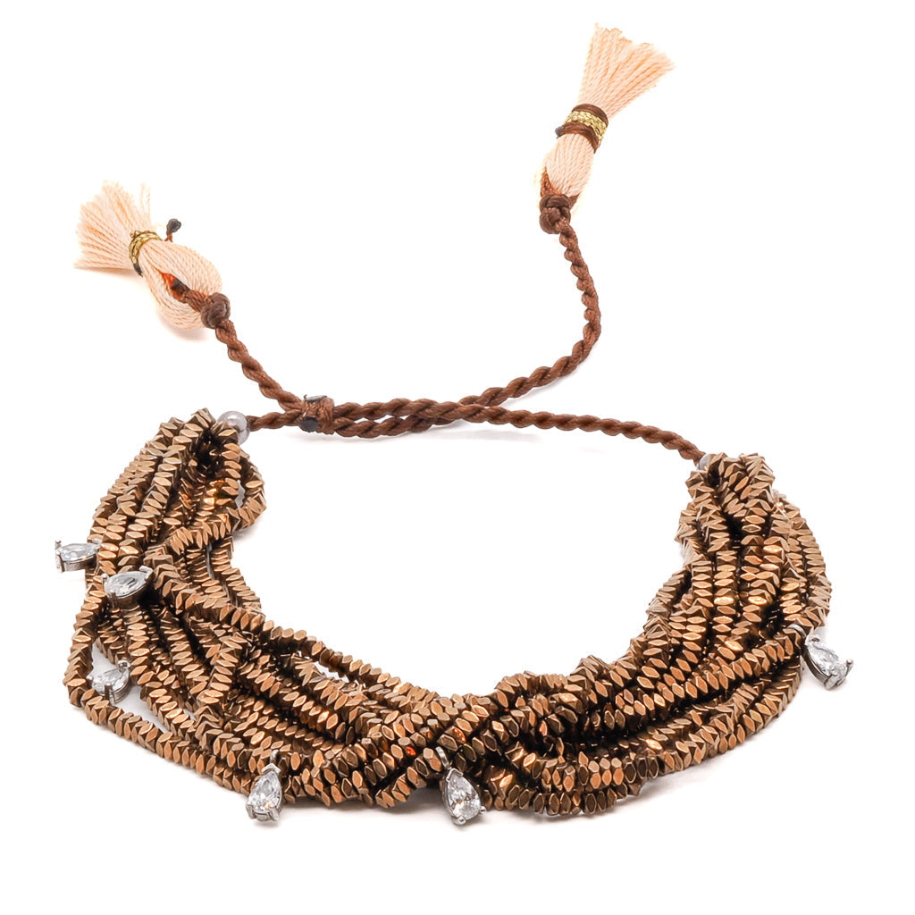 Hematite Stone & Diamond Multi Strand Brown Adjustable Bracelet - Brown