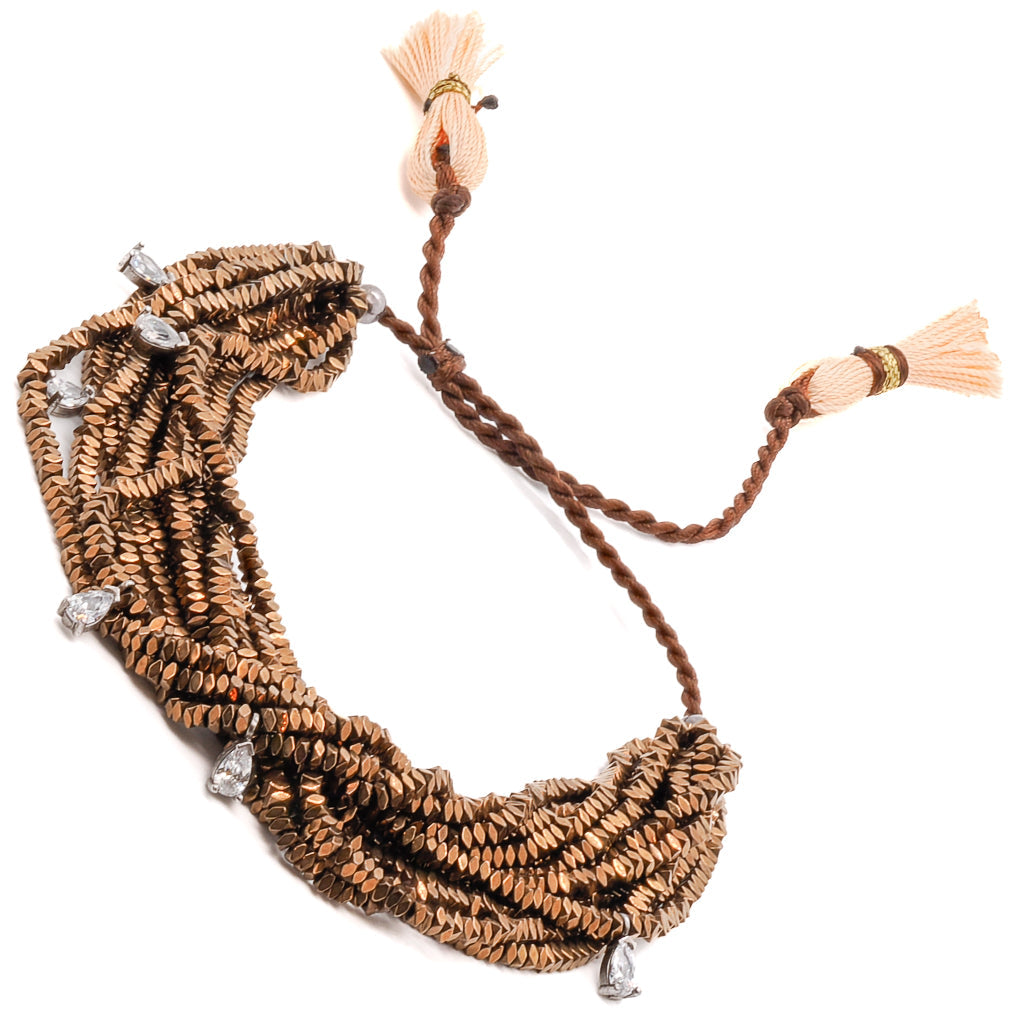 Hematite Stone & Diamond Multi Strand Brown Adjustable Bracelet - Brown