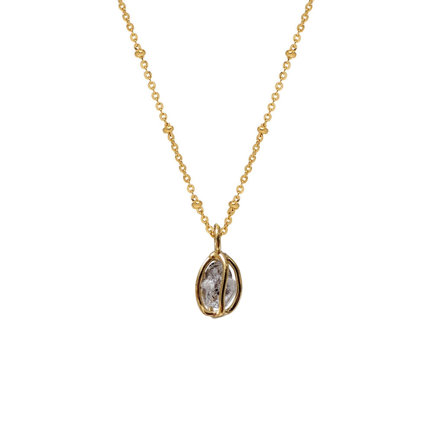 Herkimer Diamond Raw In Cage Pendant On Short Satellite Chain