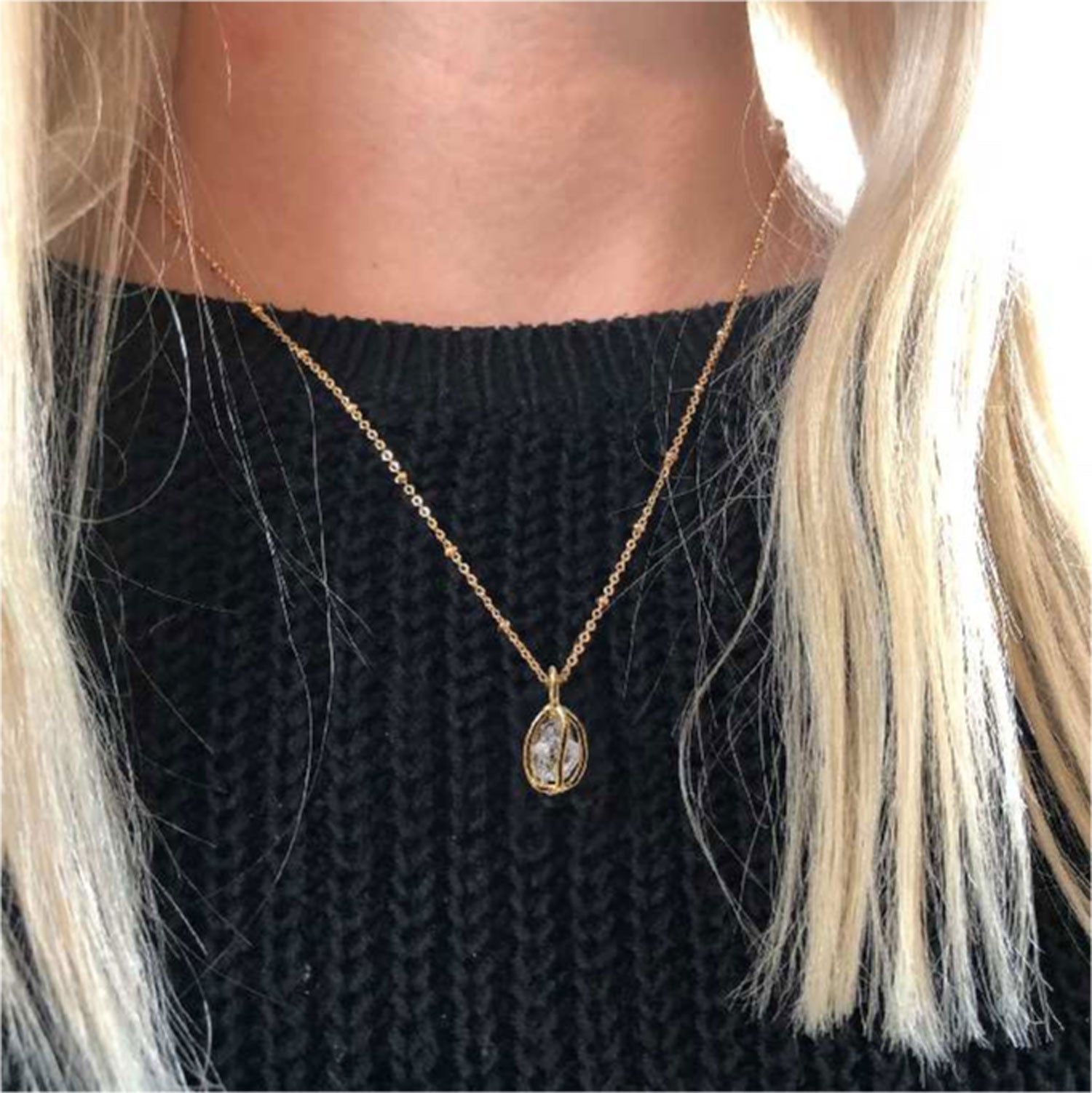 Herkimer Diamond Raw In Cage Pendant On Short Satellite Chain