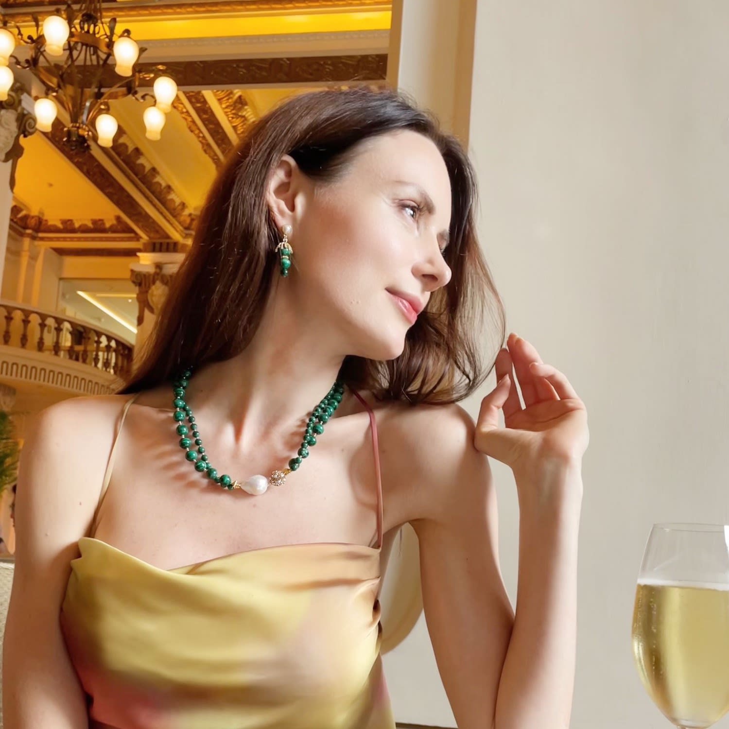 Baroque Pearl With Malachite Double Strands Necklace