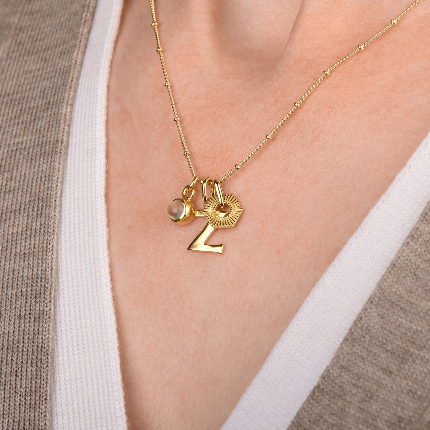 Personalised Hex Initial October Birthstone Necklace Gold Plated Sterling Silver - Opal