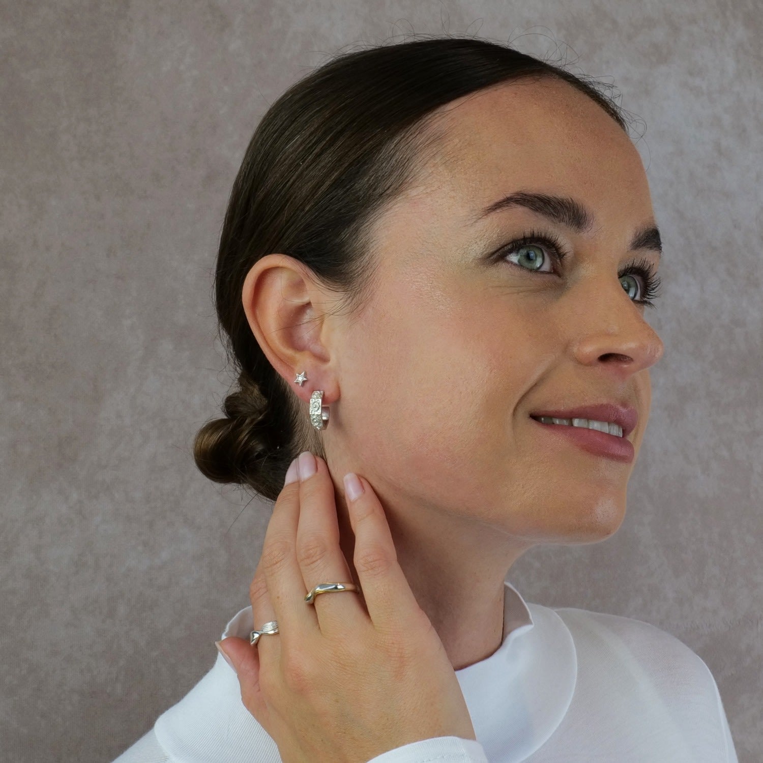 Hexagonal Huggies Evil Eye Sterling Silver Earrings