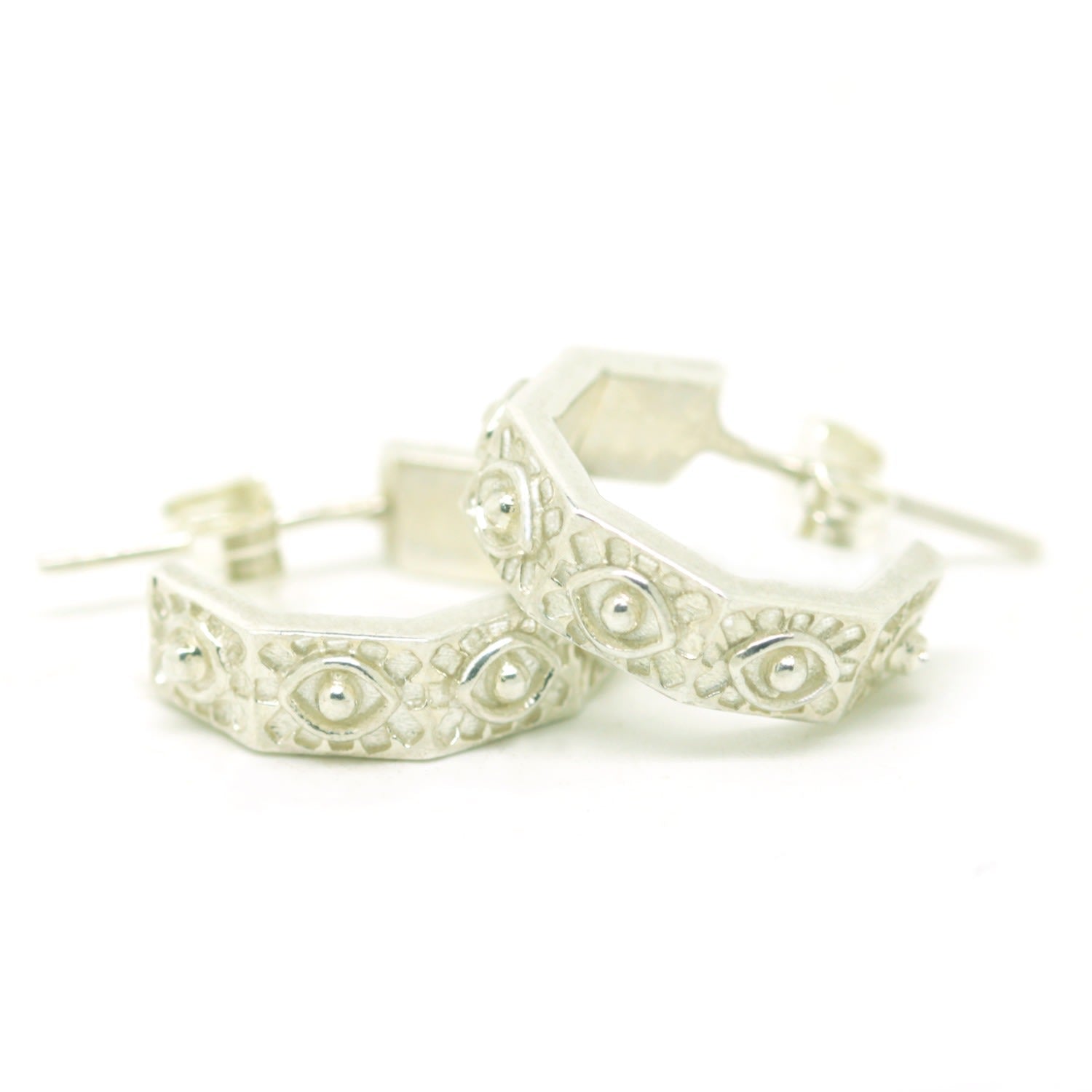Hexagonal Huggies Evil Eye Sterling Silver Earrings