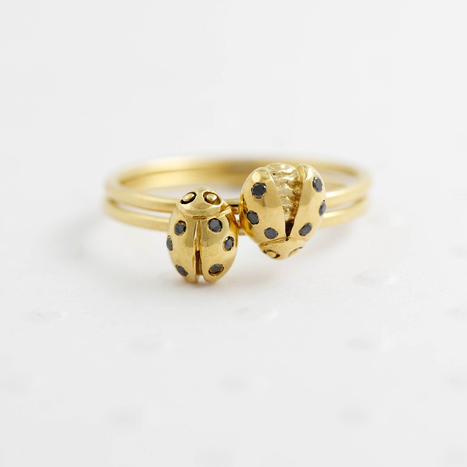 Ladybird Black Diamond Ring - Gold - Wings Open