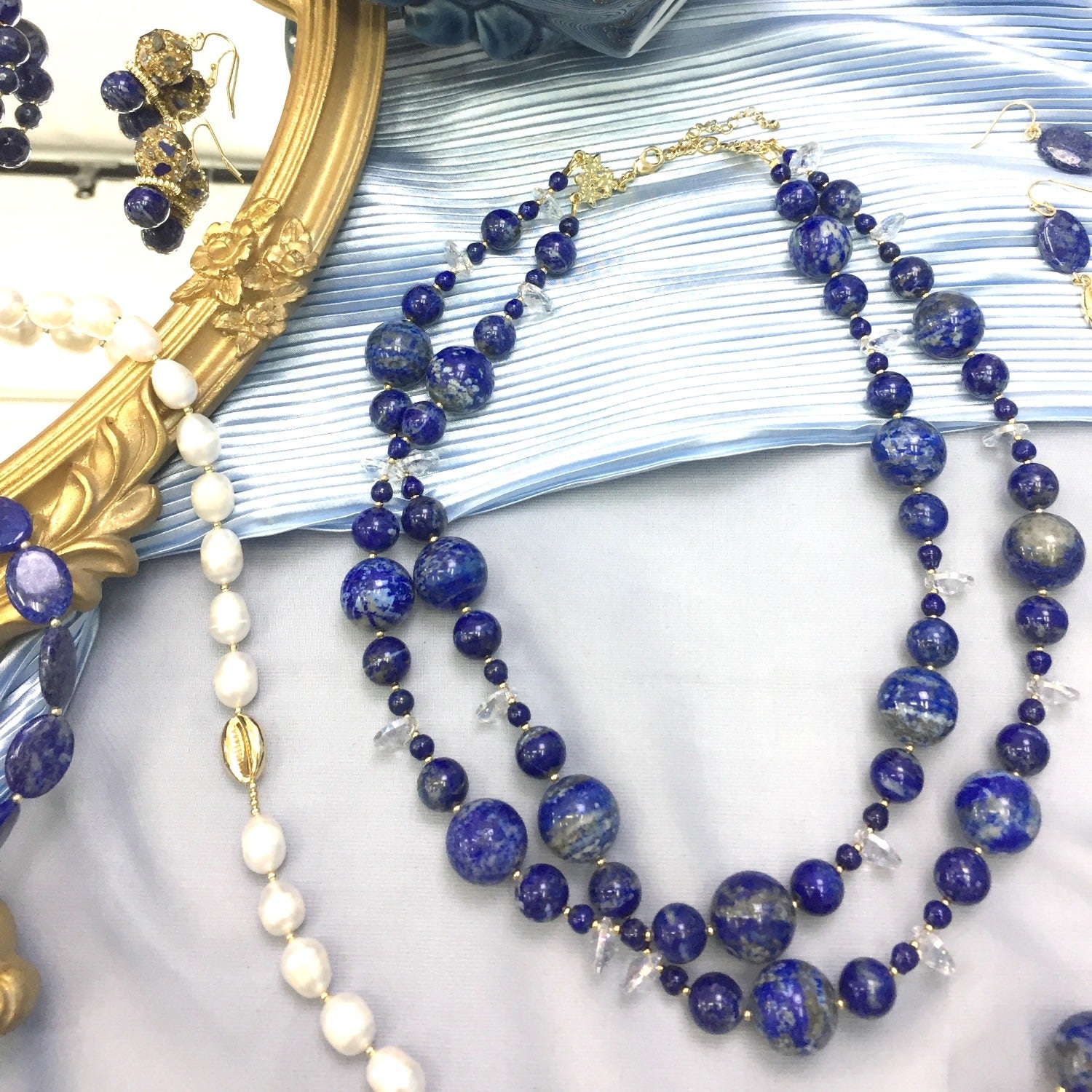 Natural Lapis With Crystals Double Strands Necklace