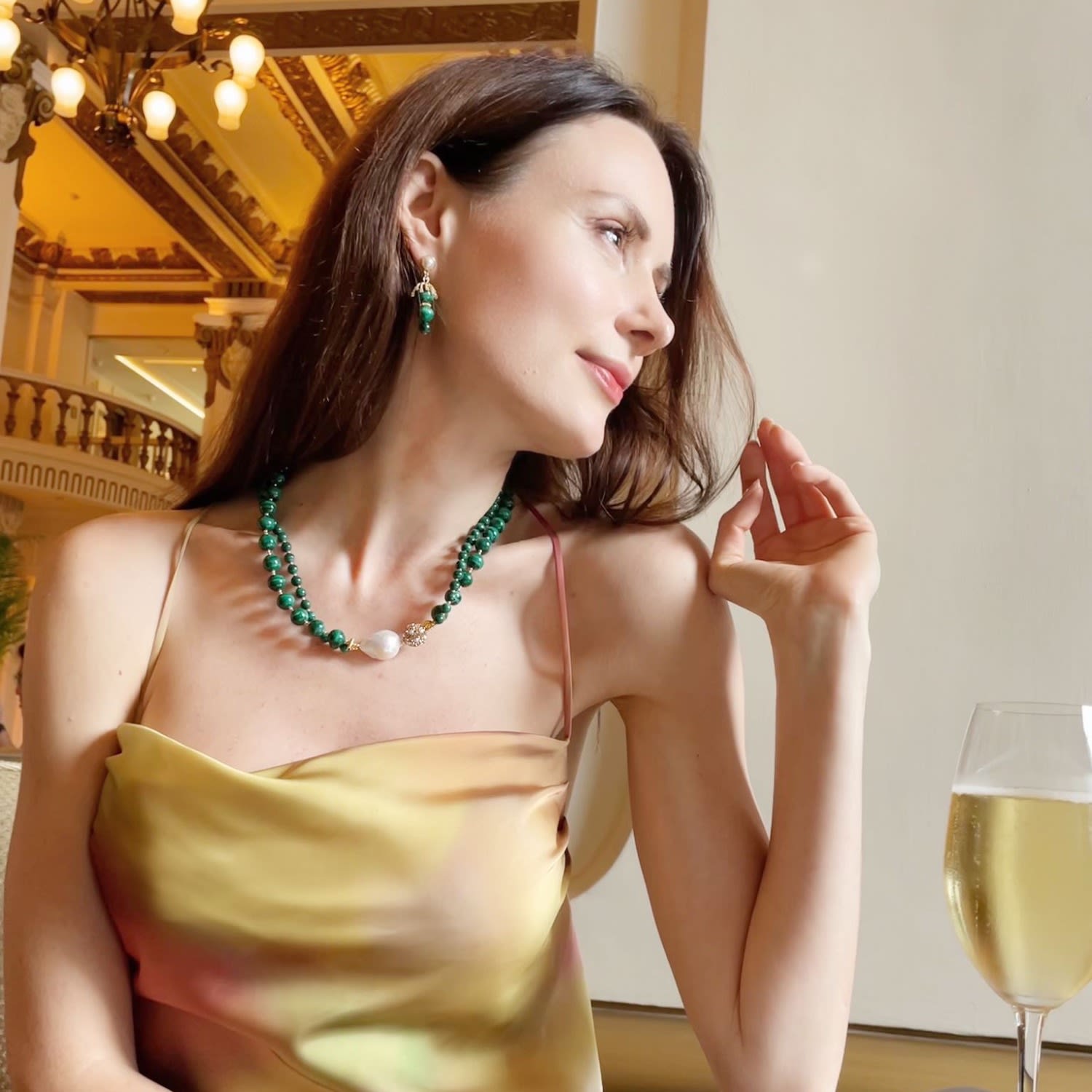 Baroque Pearl With Round Malachite Double Strands Necklace