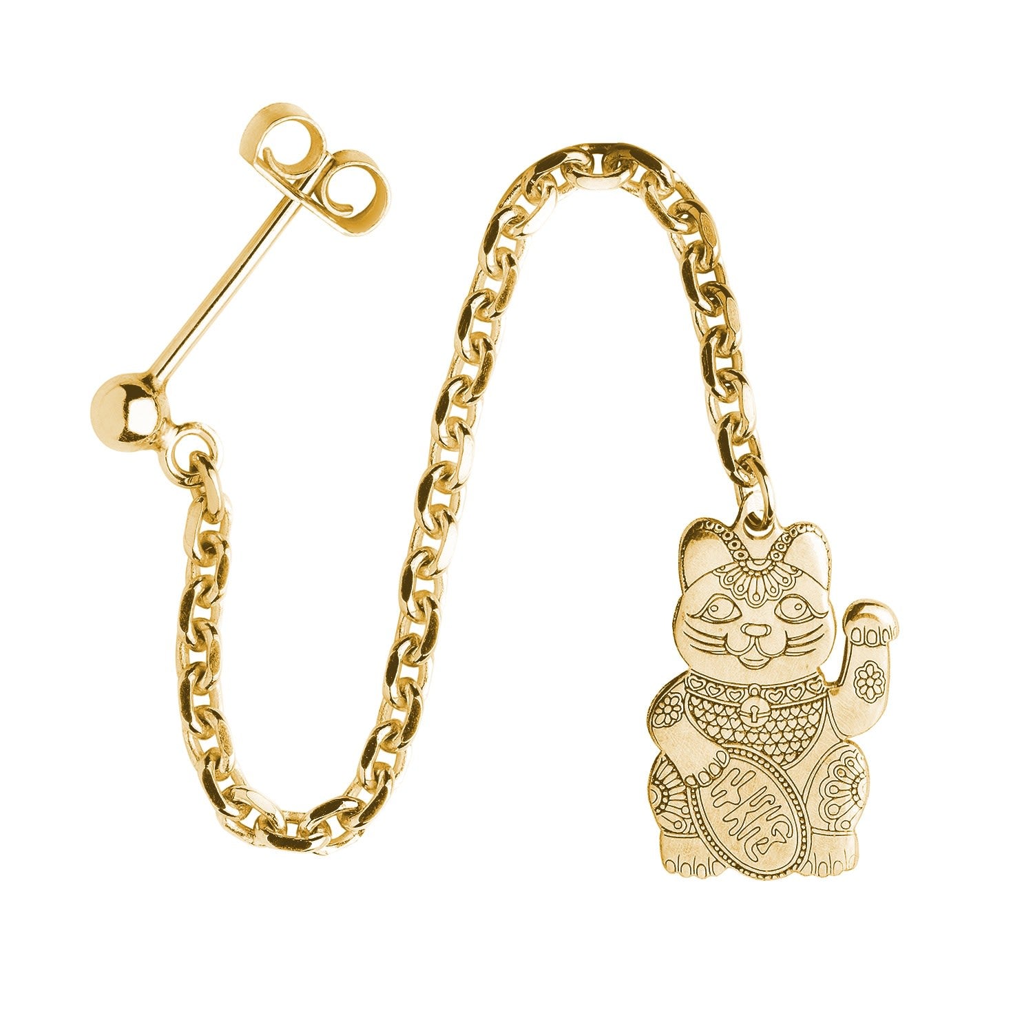 Gold Lucky Cat Single Long Drop Earring