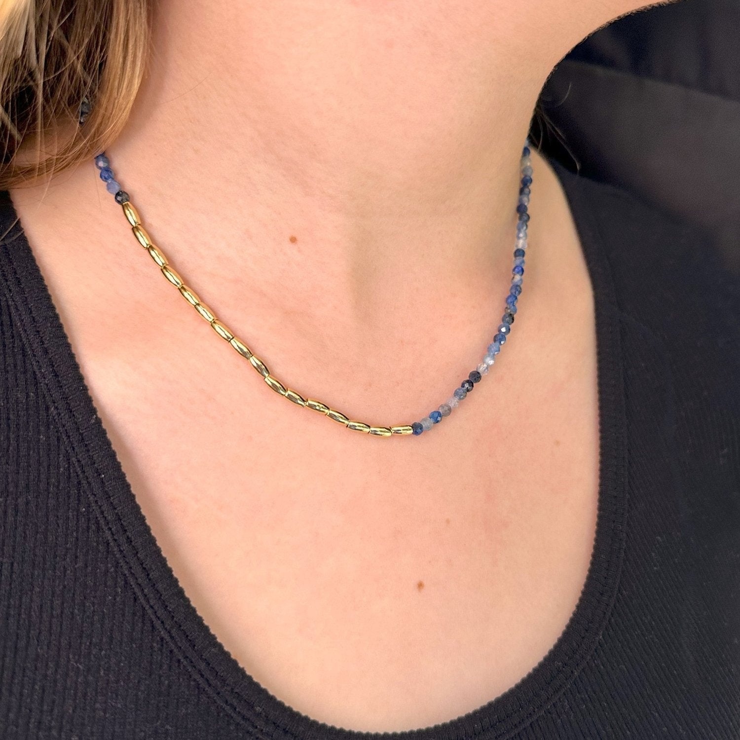 Asymmetric Gemstone Necklace Gold Nuggets - Blue