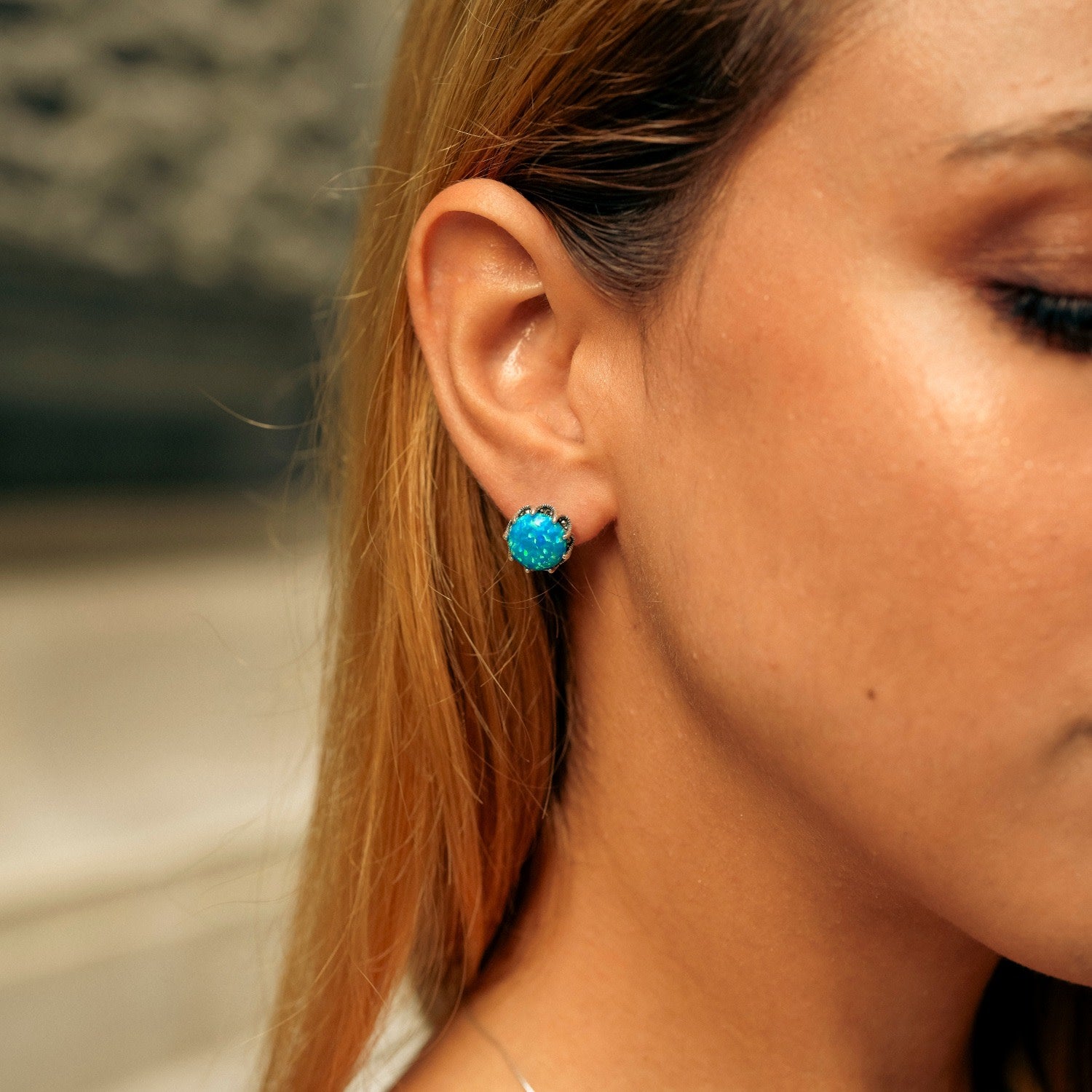 High Quality Round Opal Earrings Sterling Silver - Dark Blue