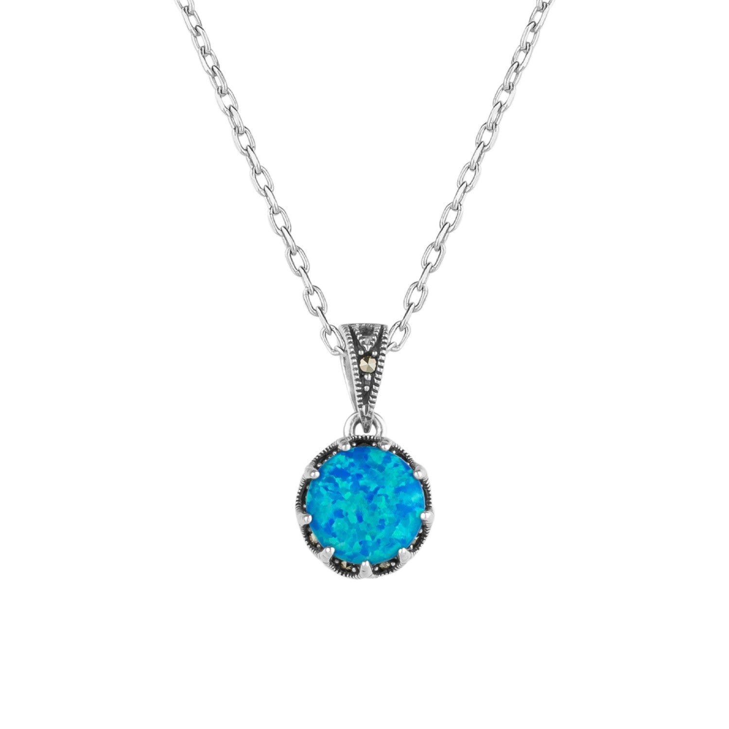 High Quality Round Opal Sterling Silver Pendant Necklace - Dark Blue