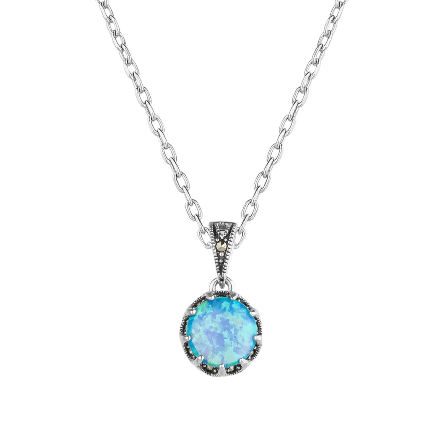 High Quality Round Opal Sterling Silver Pendant Necklace - Light Blue