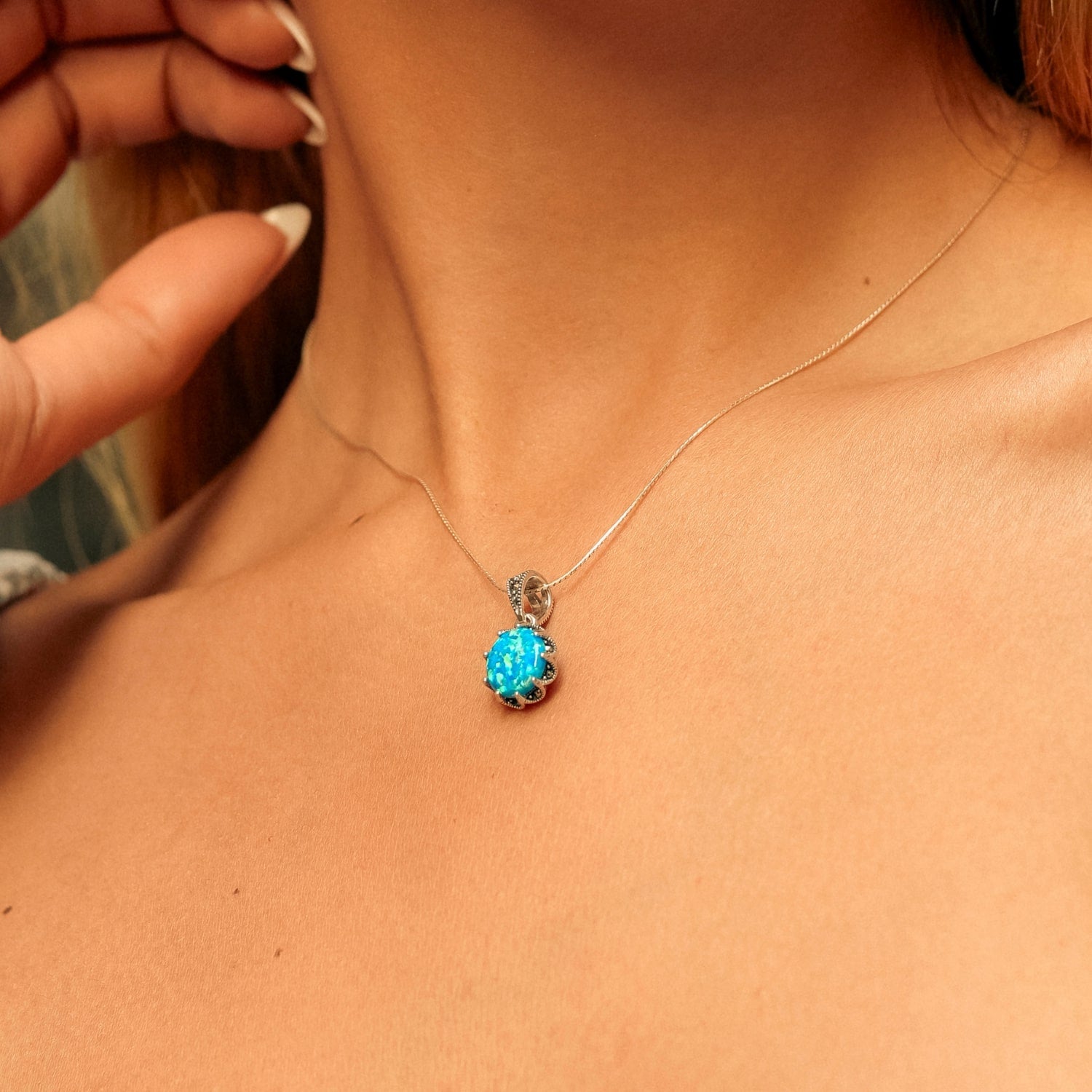 High Quality Round Opal Sterling Silver Pendant Necklace - Dark Blue